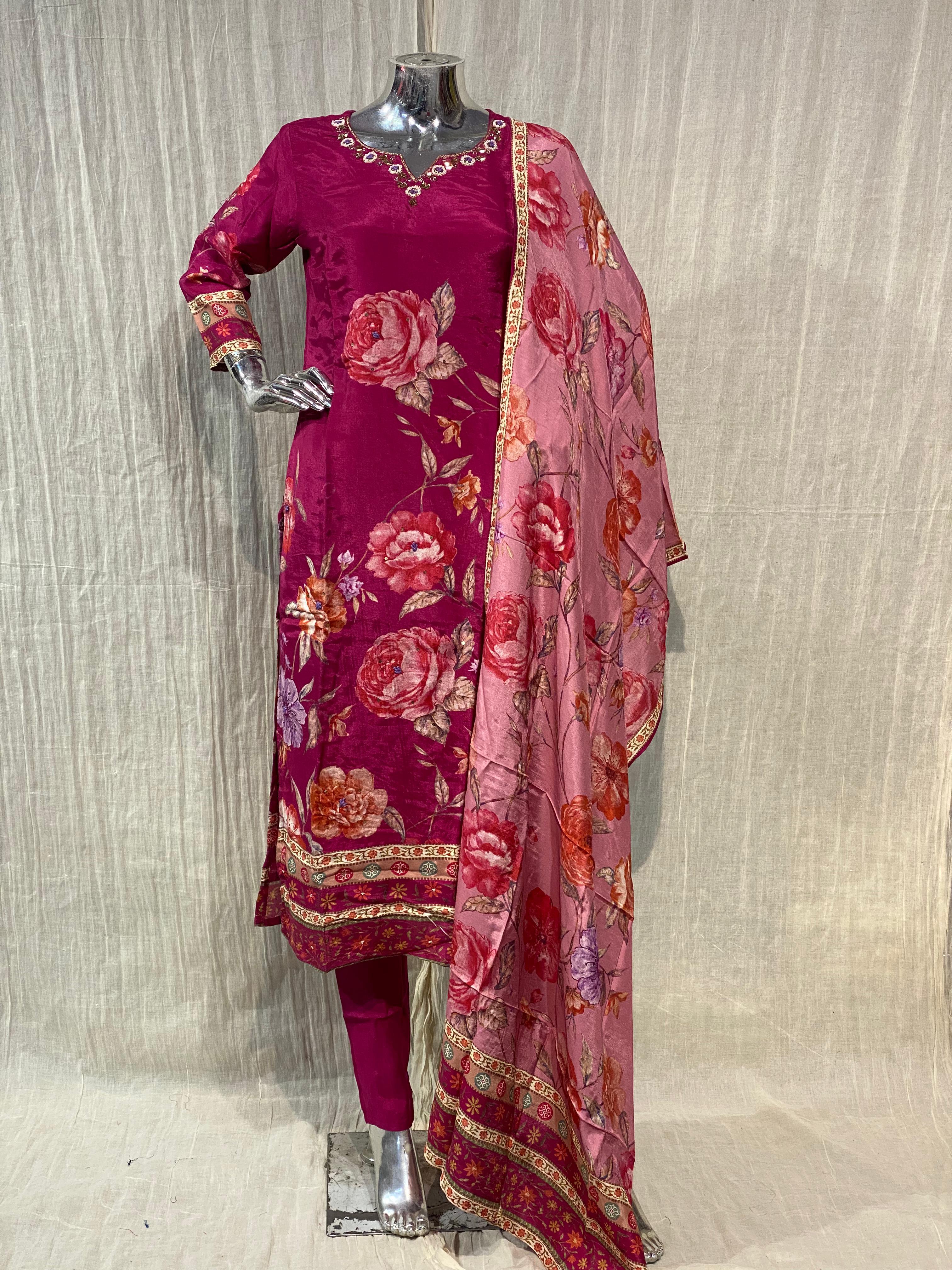Pure Muslin Handwork Readymade Suit with Viscose Santoon Bottom