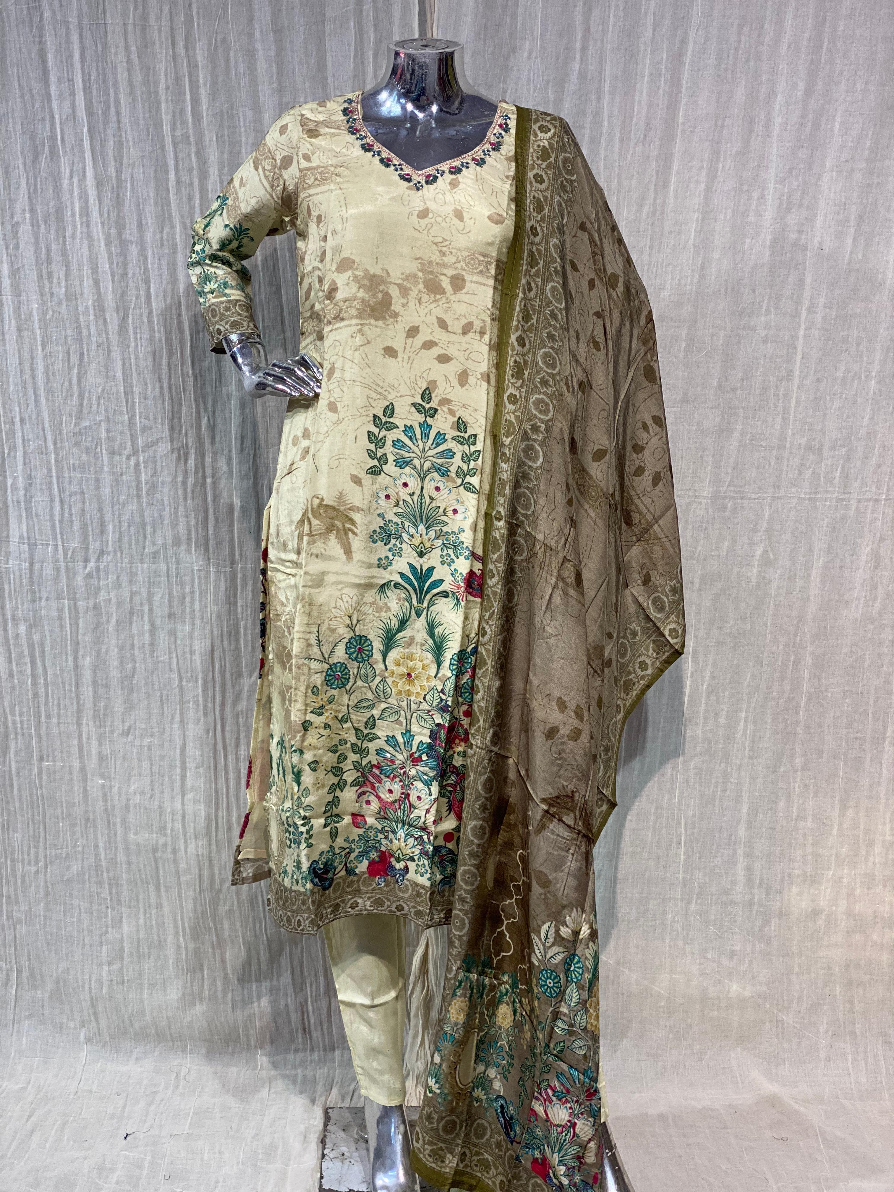 Pure Muslin Handwork Readymade Suit with Viscose Santoon Bottom 