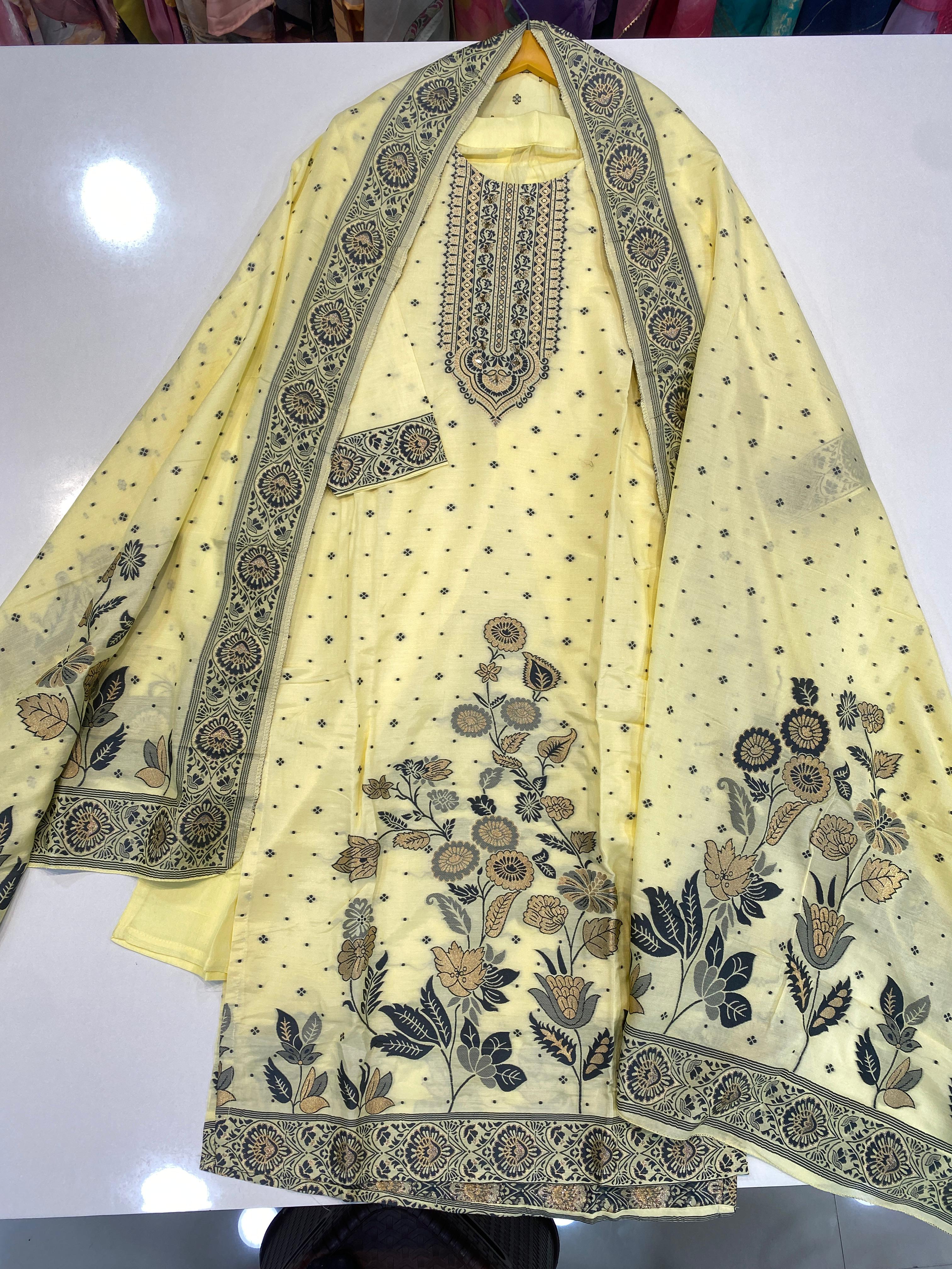 Premium Pure Muslin Jacquard Readymade Suit with Handwork