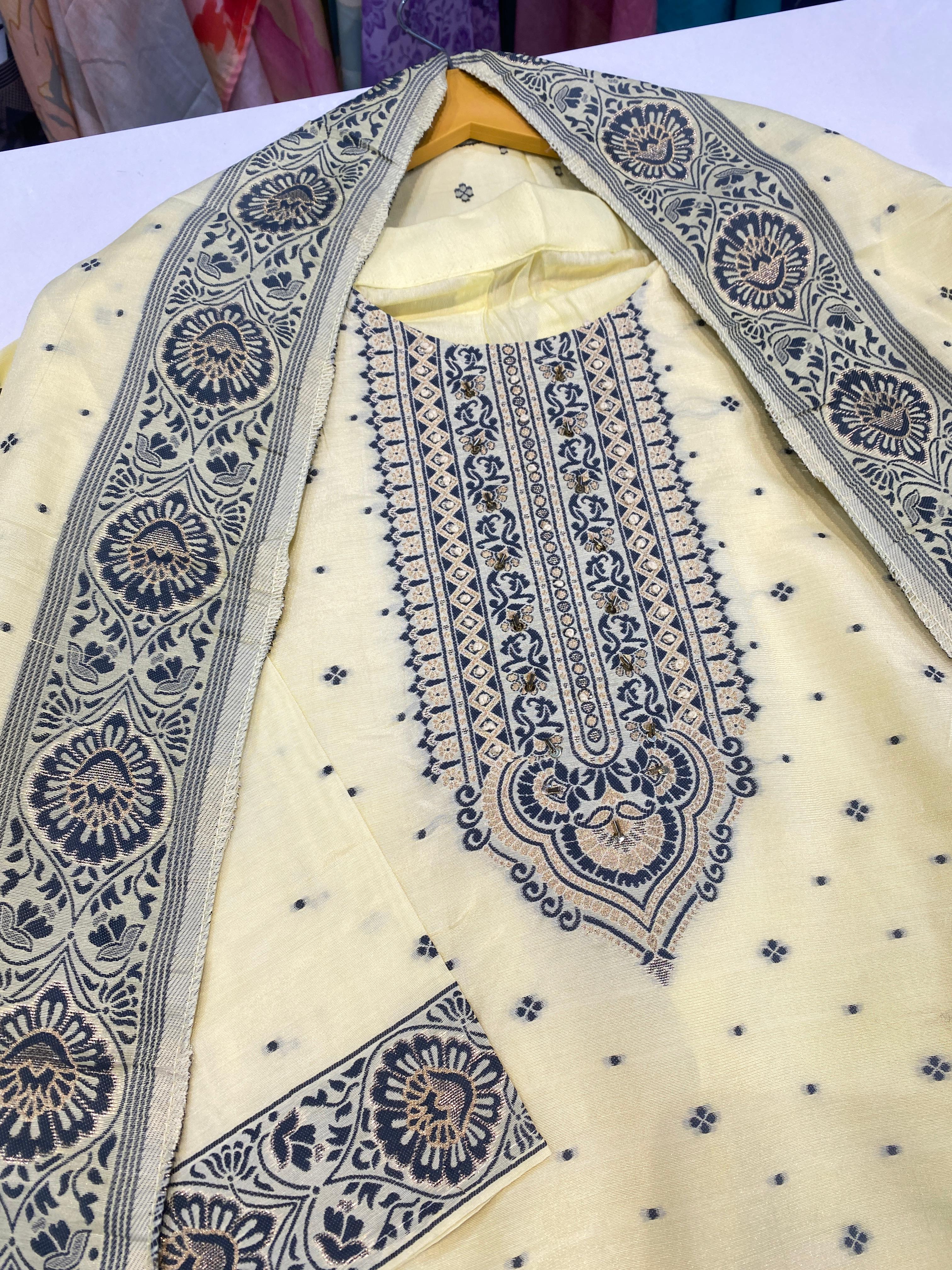 Premium Pure Muslin Jacquard Readymade Suit with Handwork