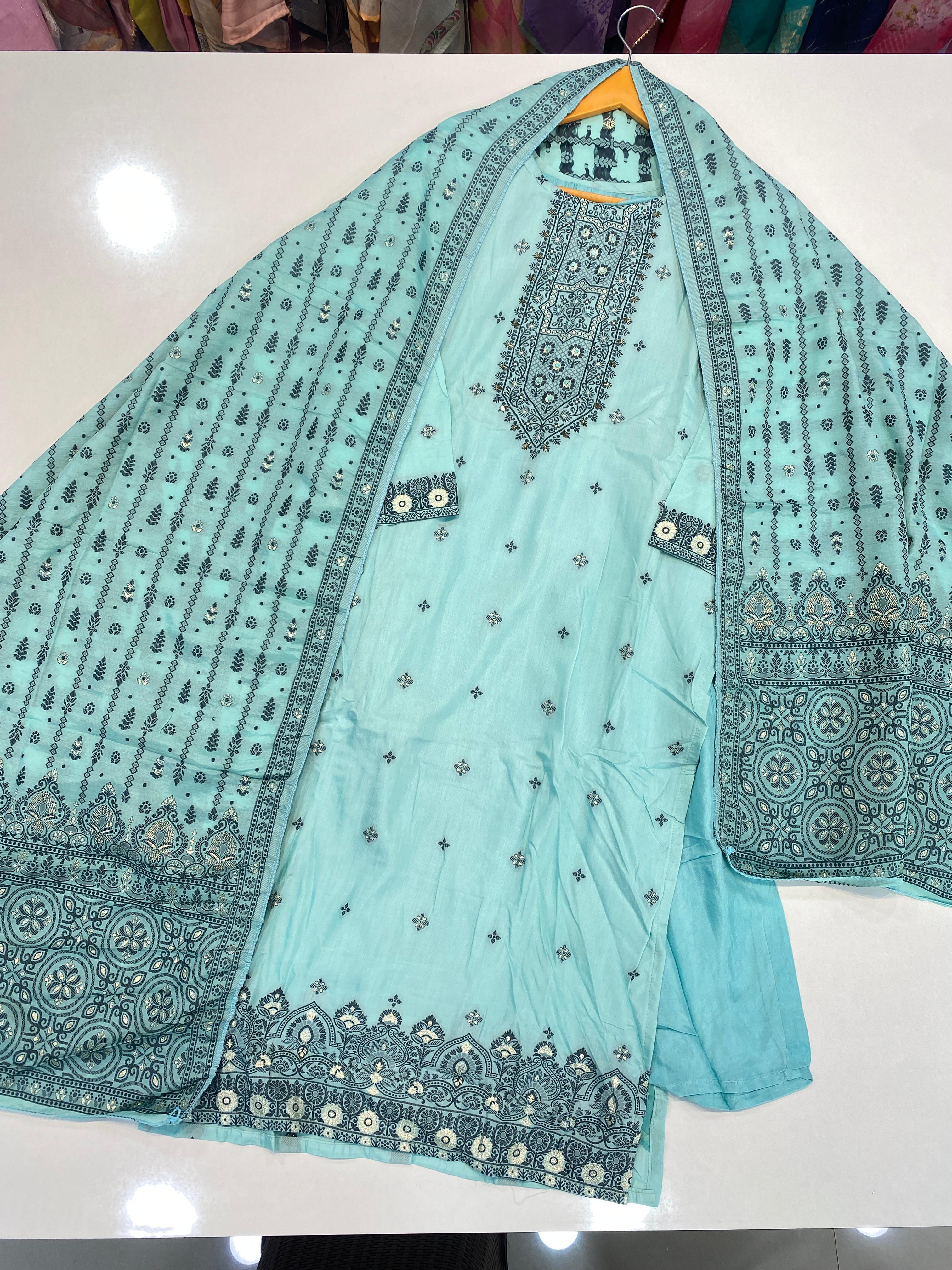 Viscose Muslin Top with Handwork, Viscose Santoon Bottom