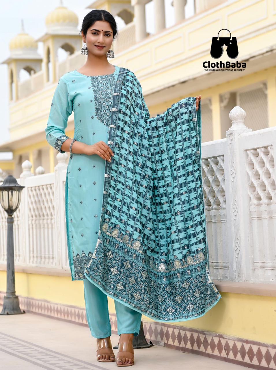 Viscose Muslin Top with Handwork, Viscose Santoon Bottom