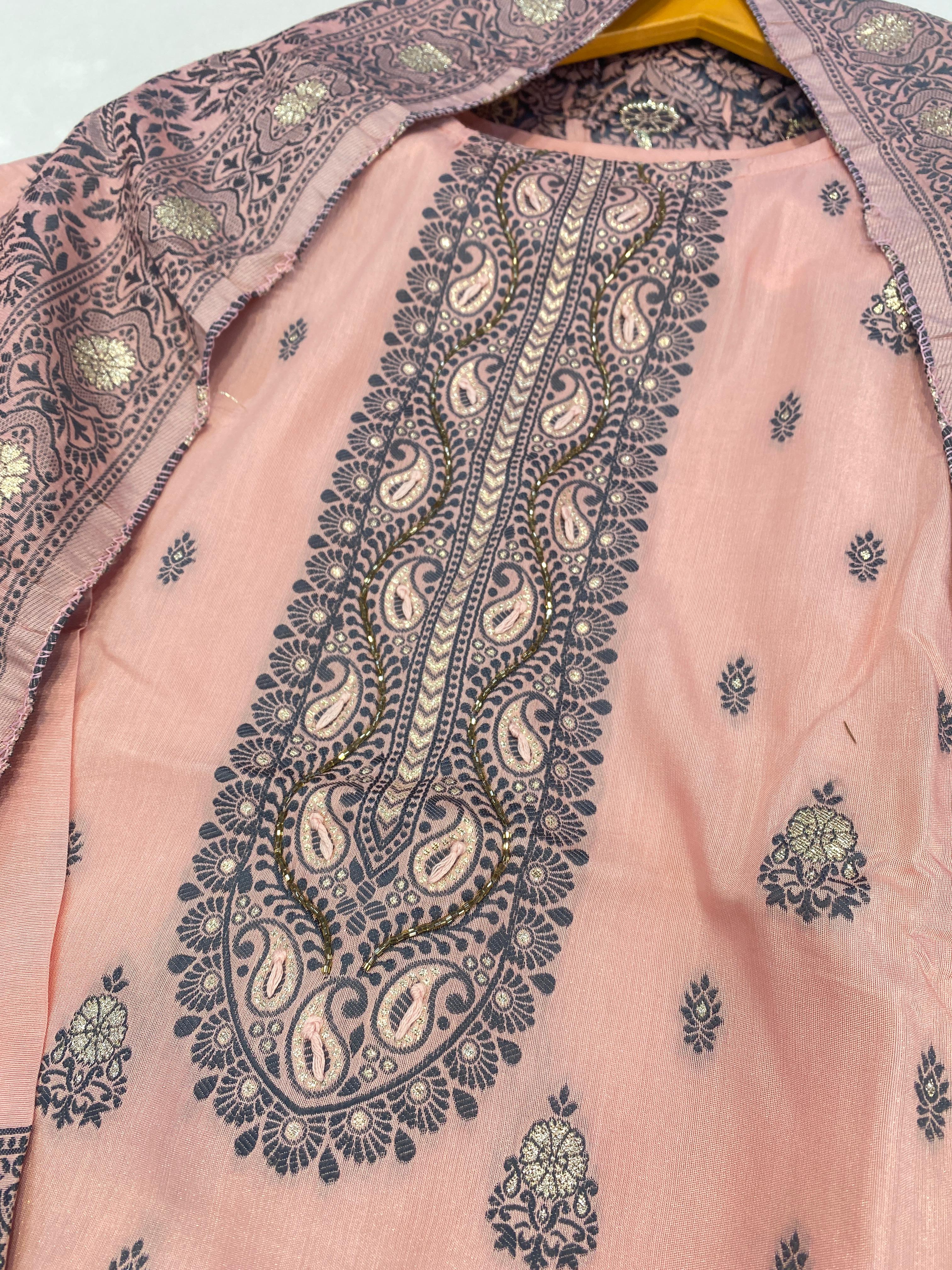 Pure Muslin Jequred Readymade Suit with Handwork 