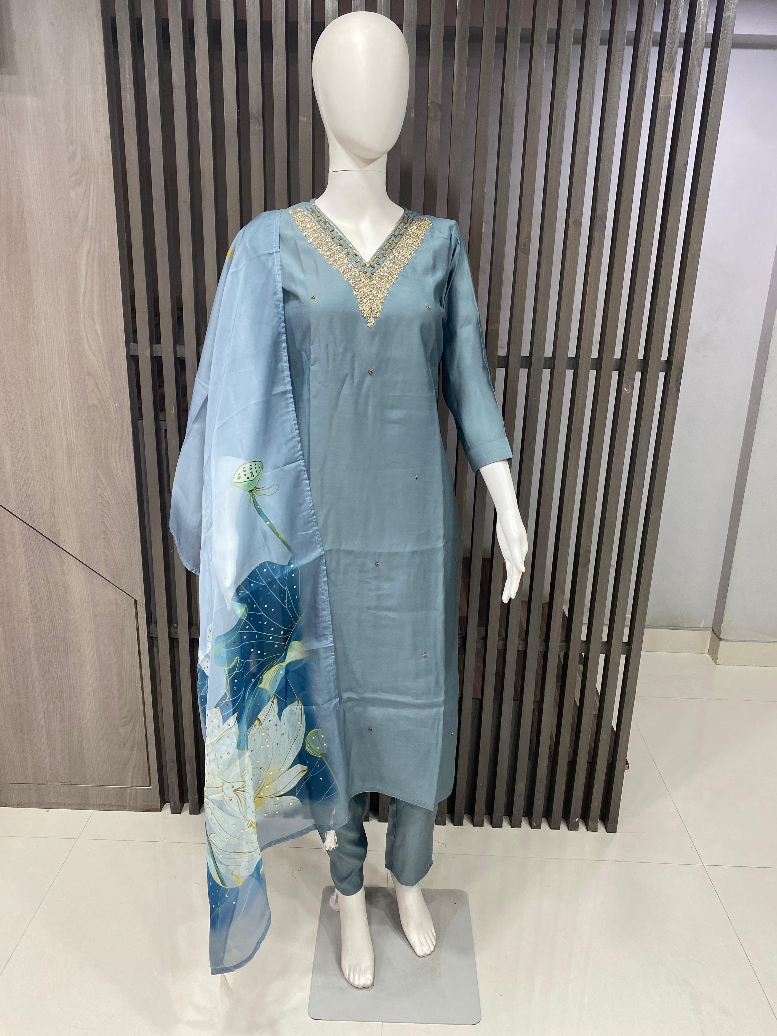 Premium Roman Silk Readymade Suit with Handwork & Tabby Digital Printed Dupatta