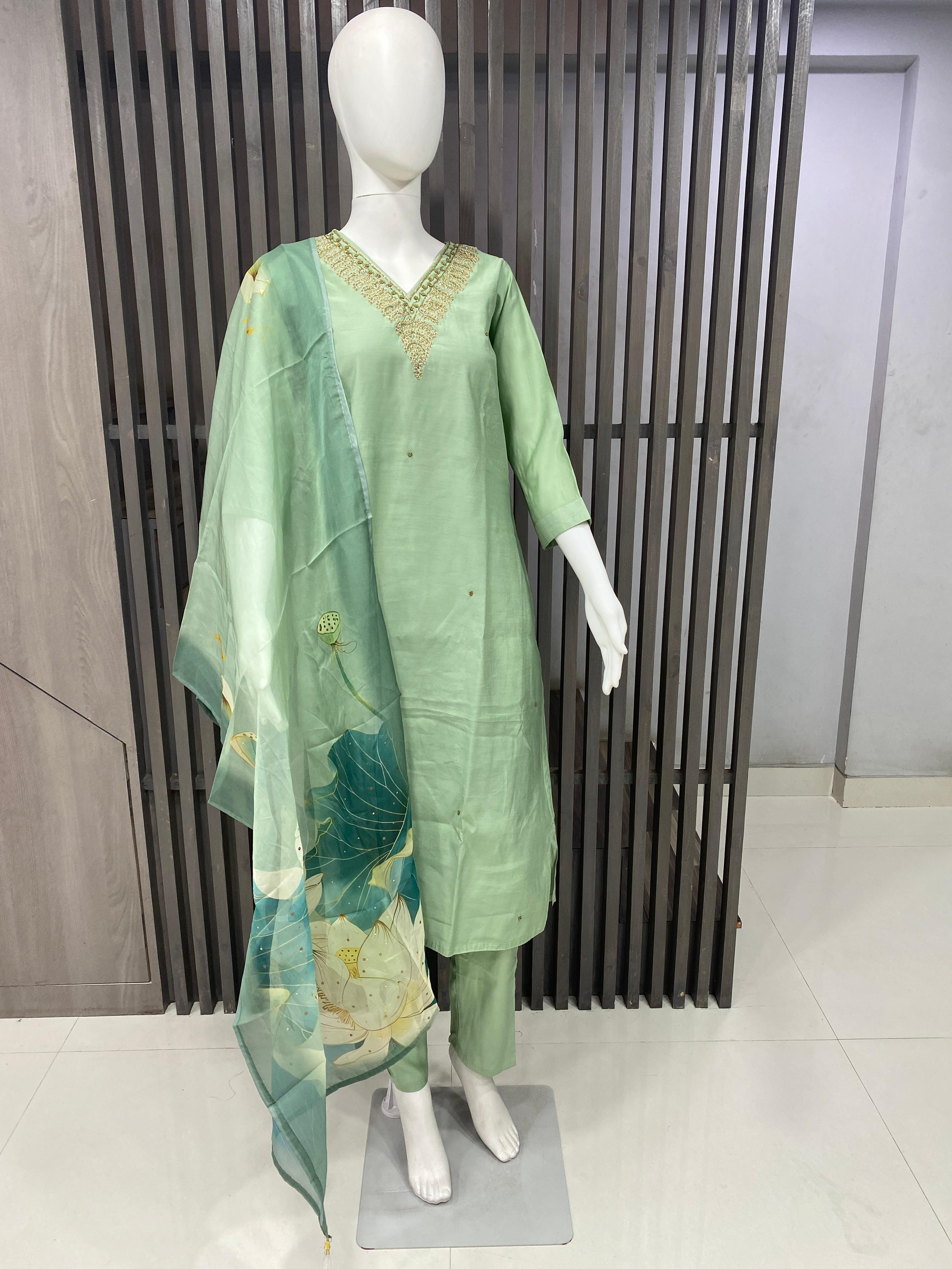 Premium Roman Silk Readymade Suit with Handwork & Tabby Digital Printed Dupatta