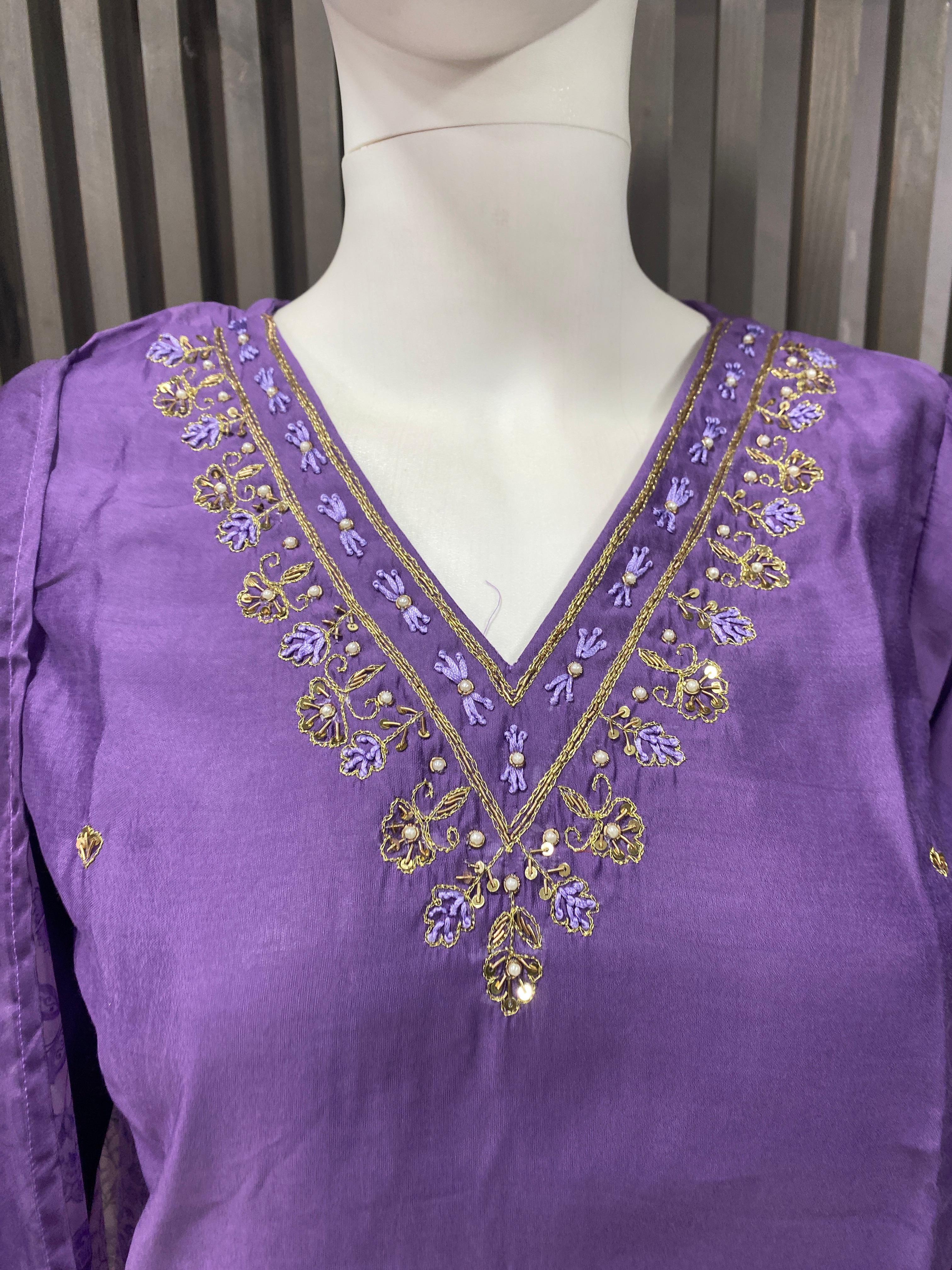 Elegant Roman Silk Readymade Suit with Handwork 