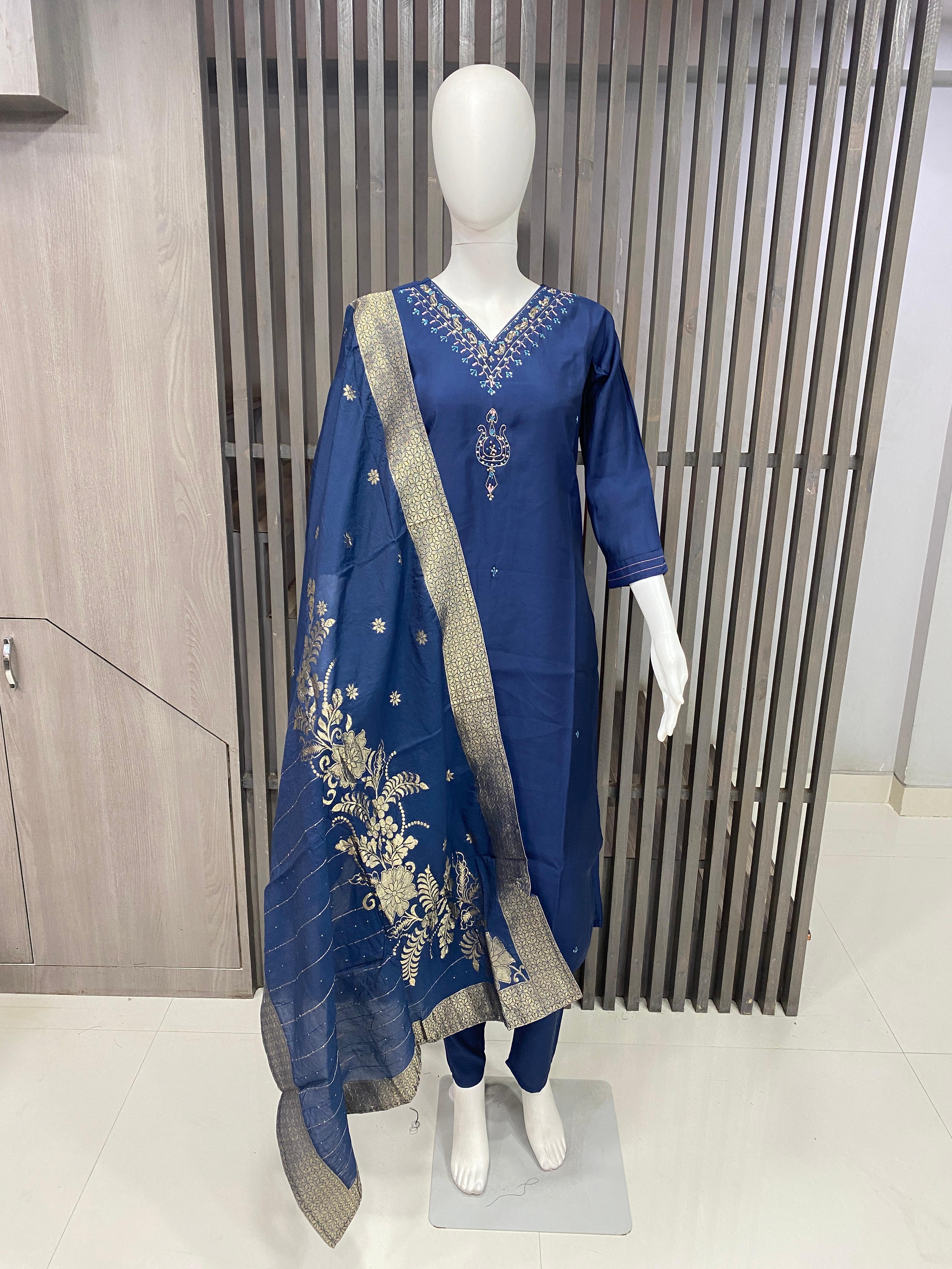 Elegant Roman Silk Readymade Suit with Handwork 