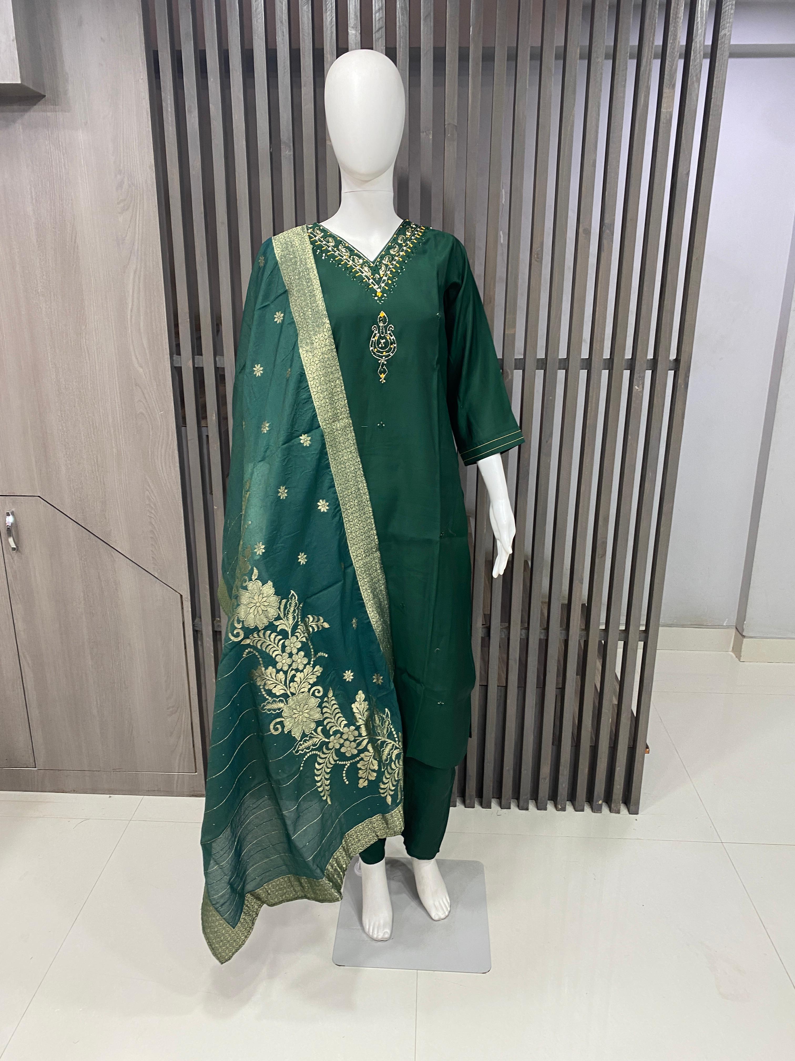 Elegant Roman Silk Readymade Suit with Handwork 