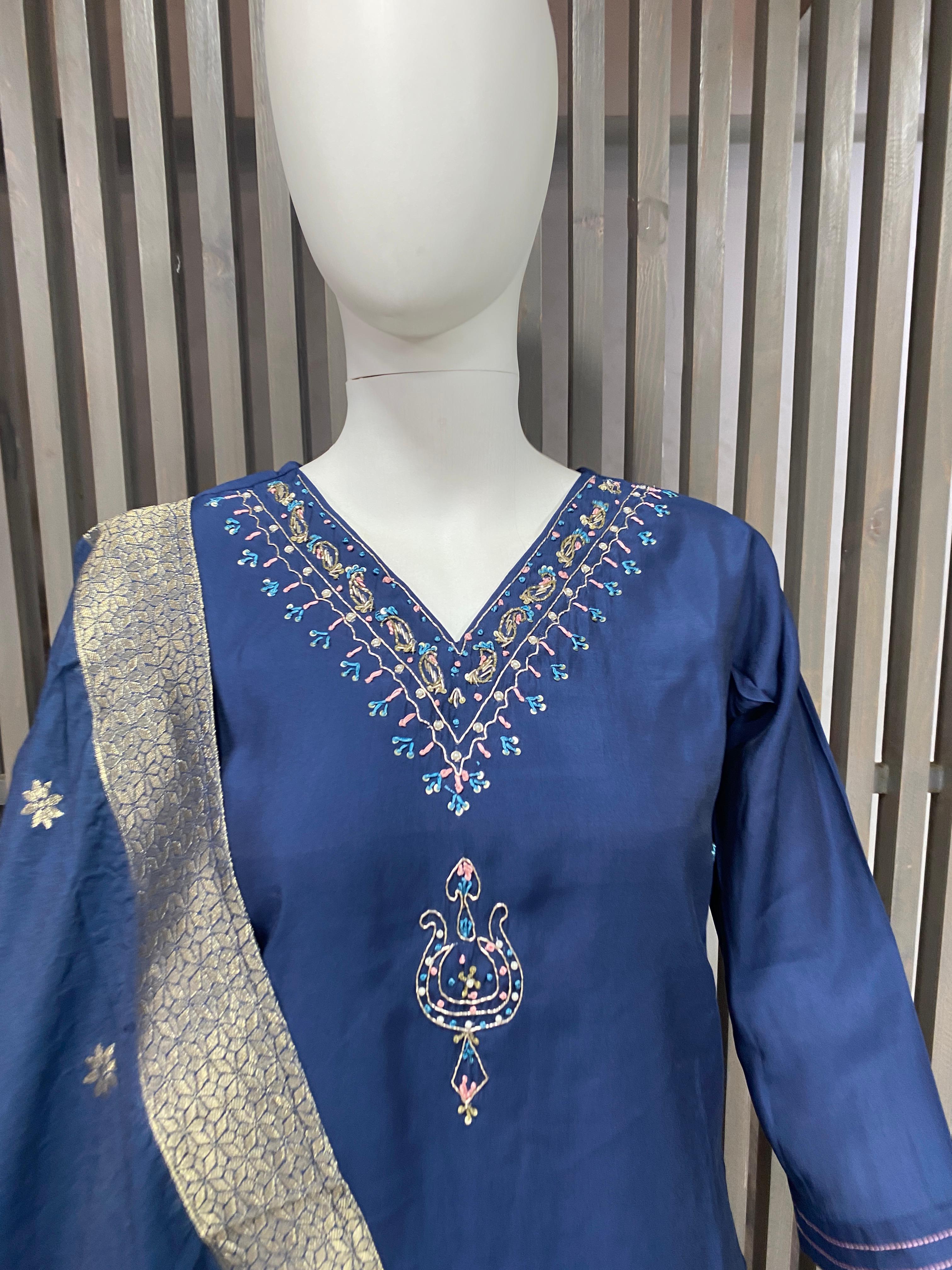 Elegant Roman Silk Readymade Suit with Handwork 