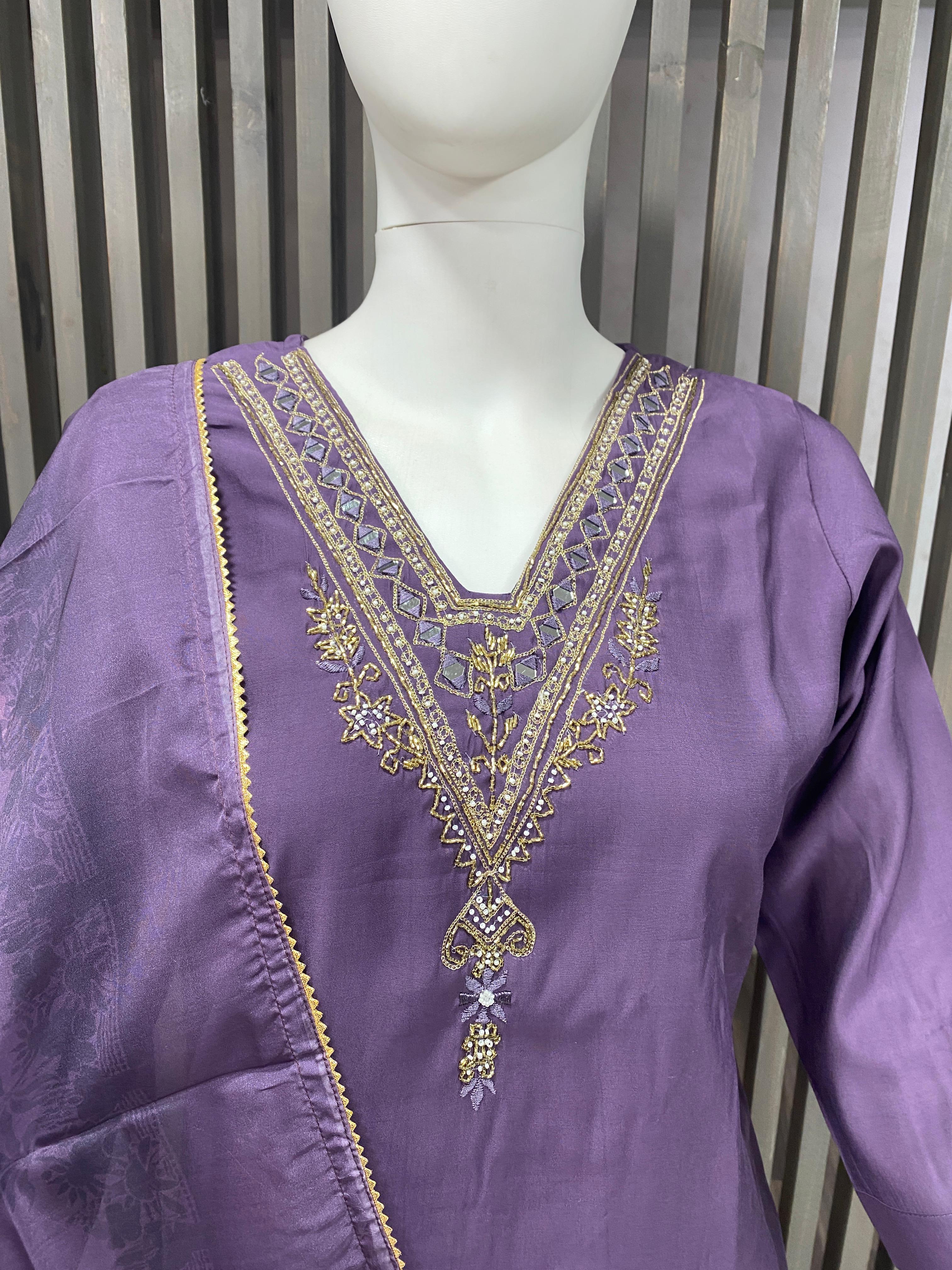 Luxury Roman Silk Readymade Suit with Handwork