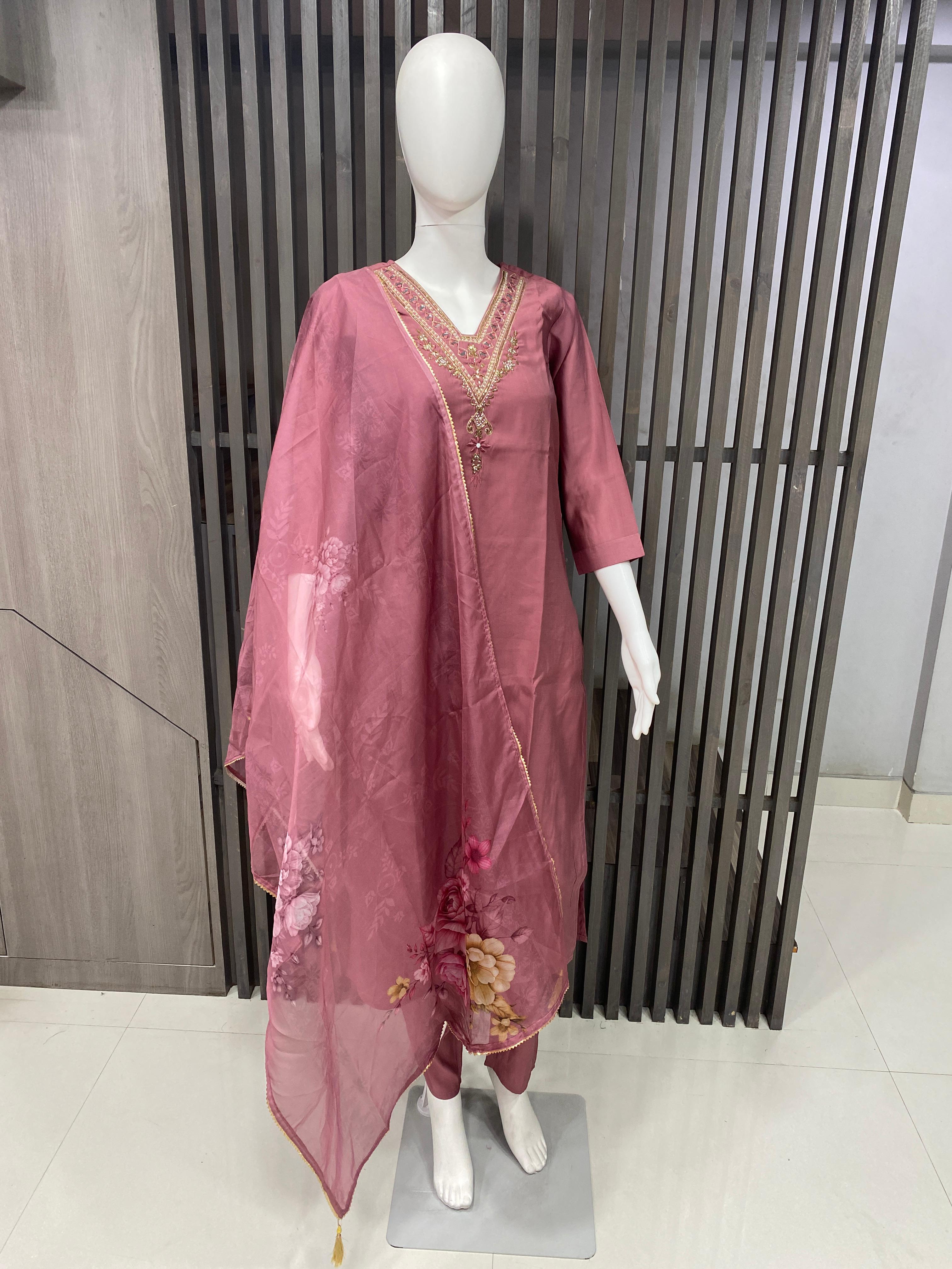 Luxury Roman Silk Readymade Suit with Handwork