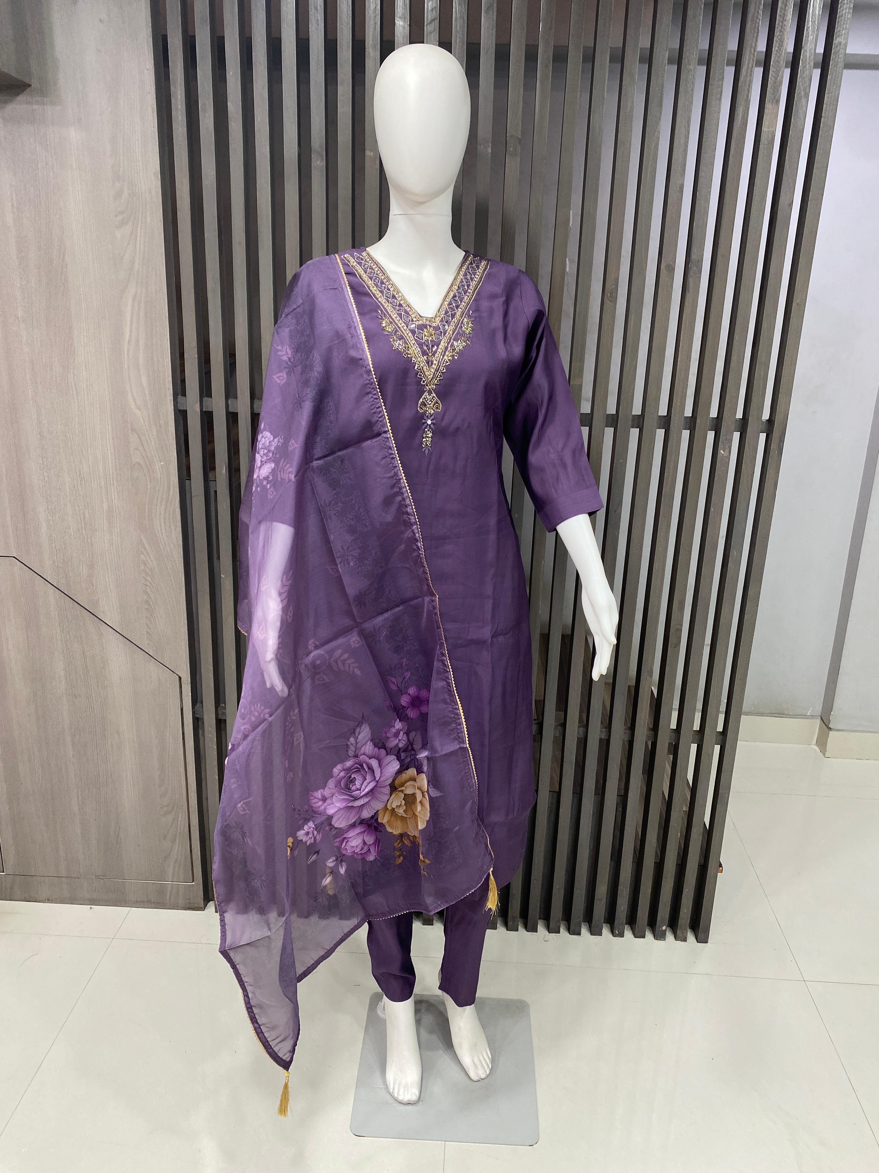 Luxury Roman Silk Readymade Suit with Handwork
