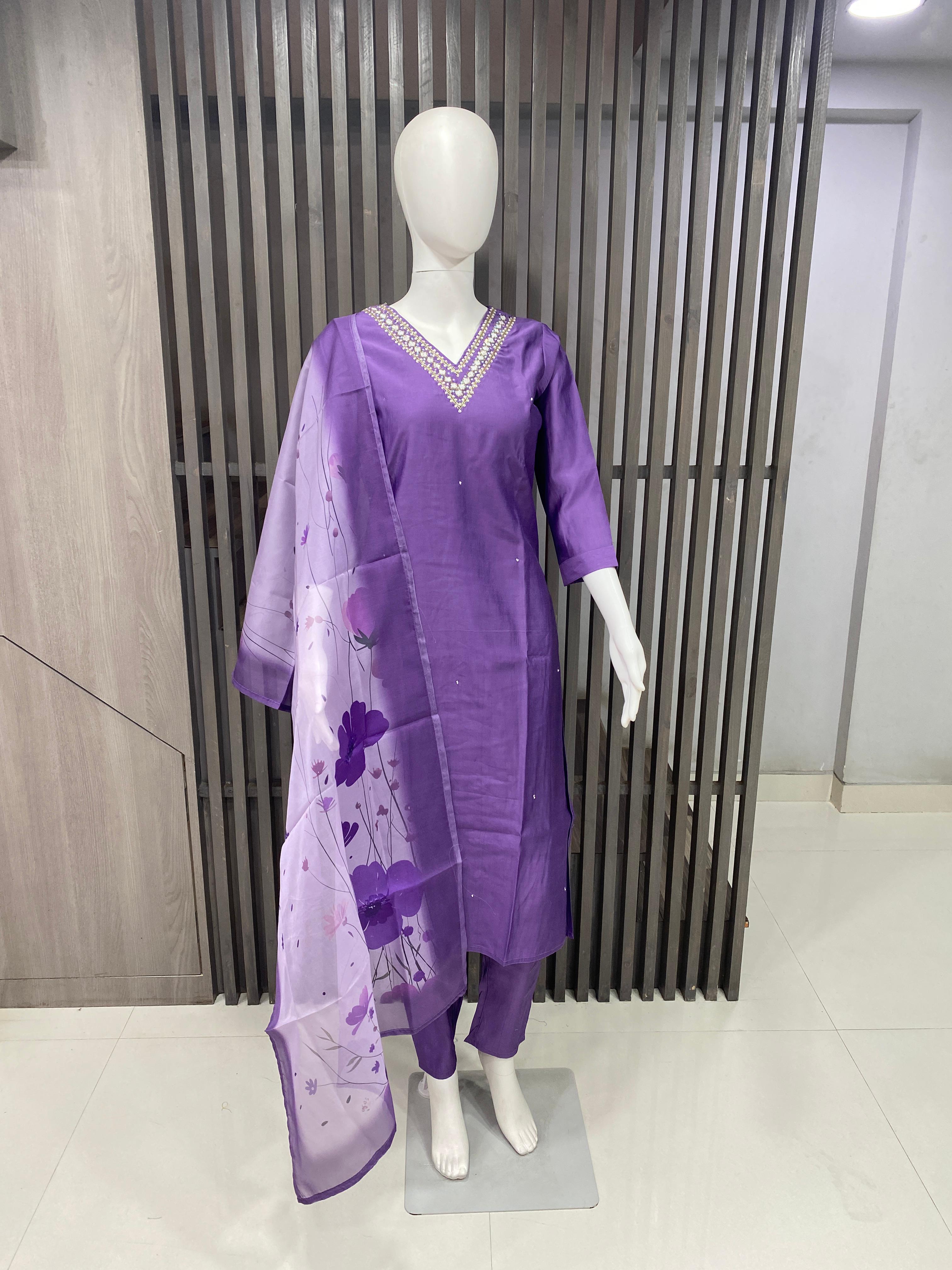 Elegant Roman Silk Readymade Suit with Handwork 