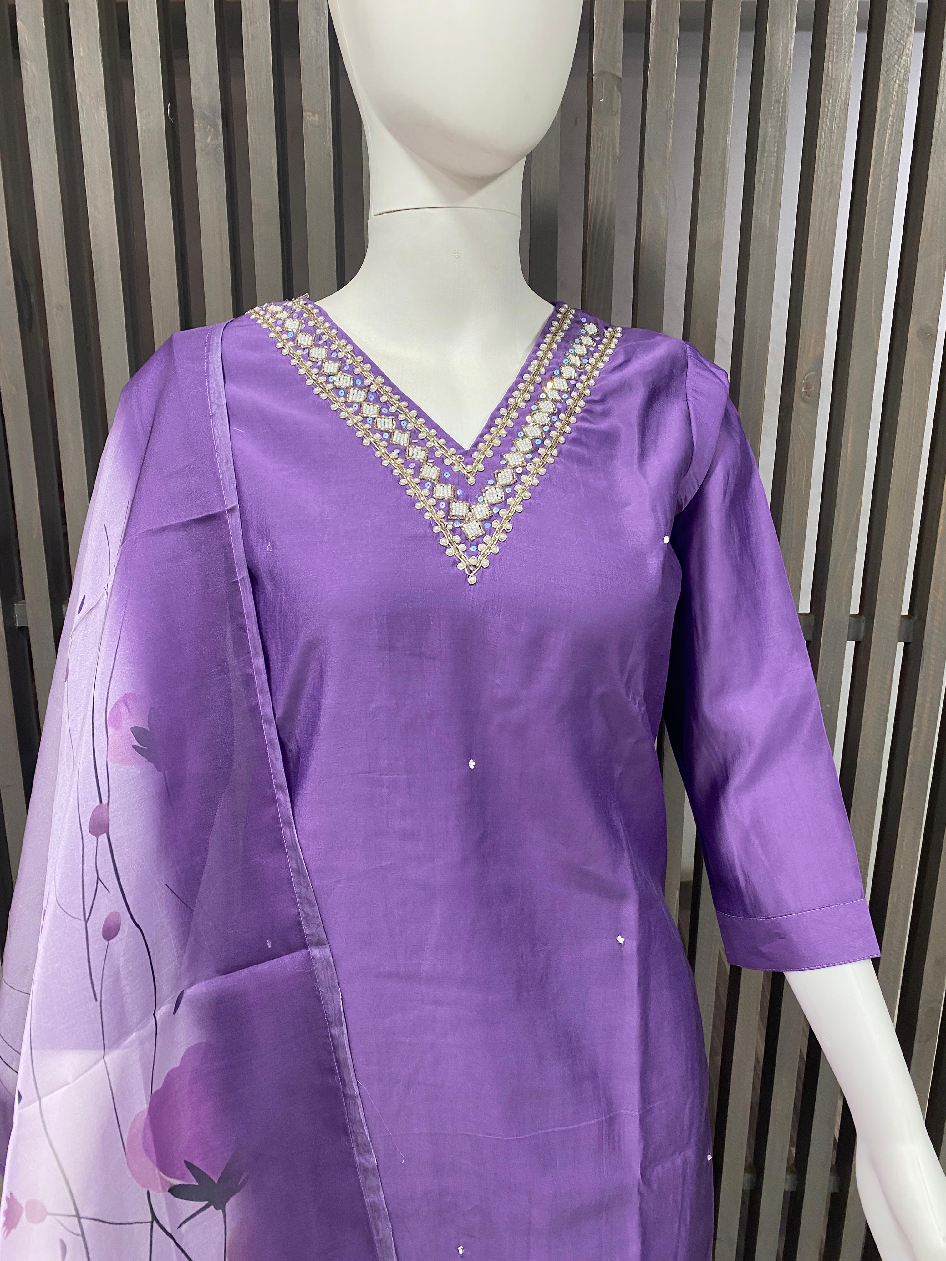 Elegant Roman Silk Readymade Suit with Handwork 