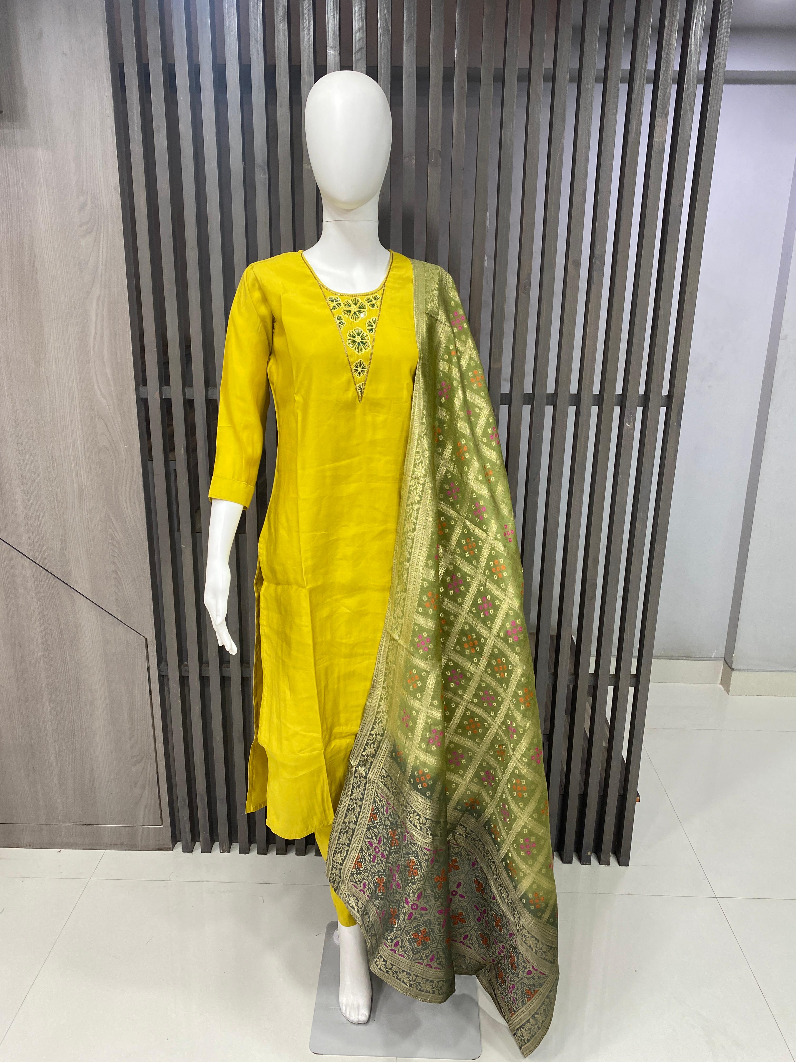 Elegant Roman Silk Readymade Suit with Handwork 