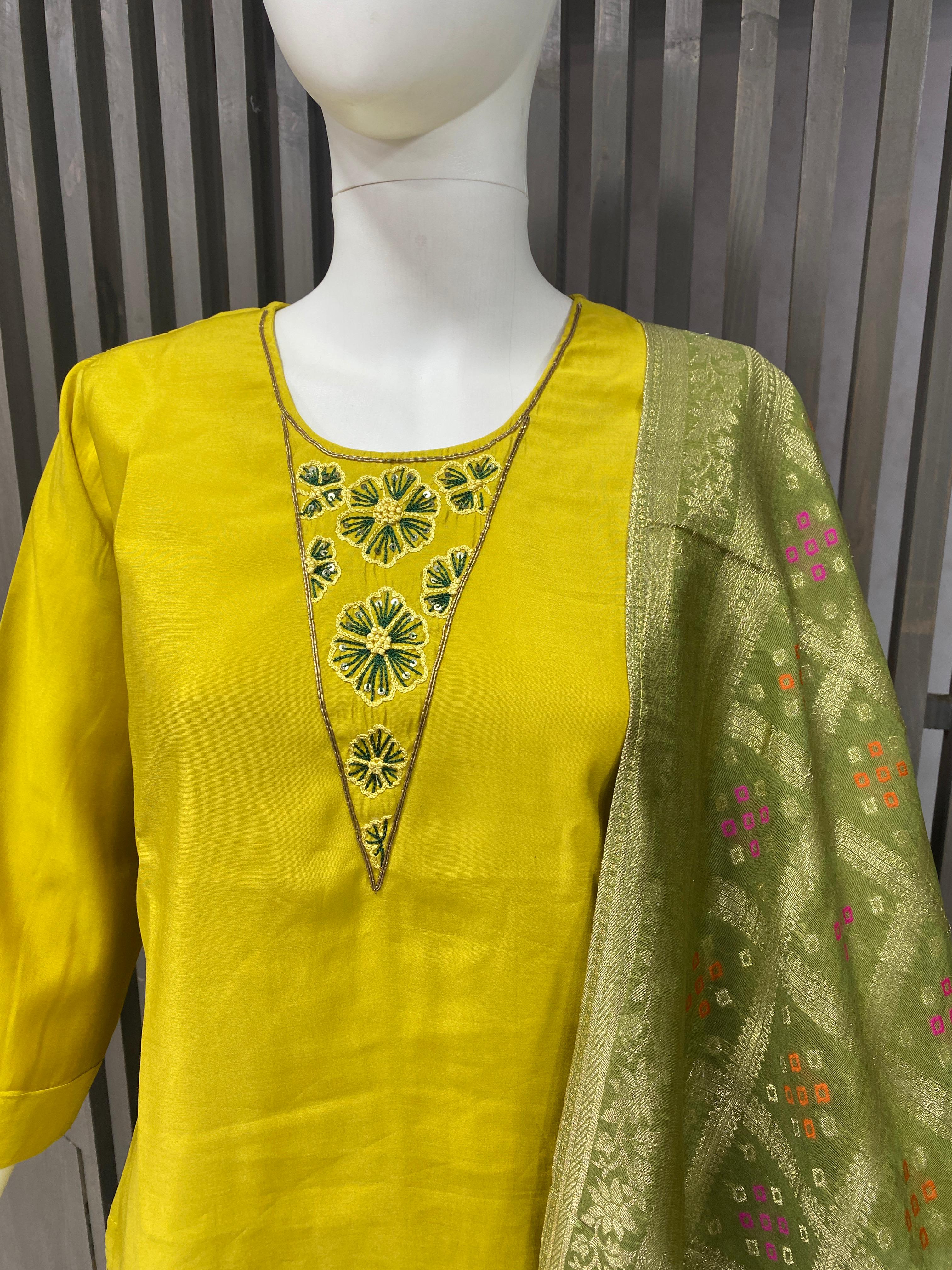 Elegant Roman Silk Readymade Suit with Handwork 