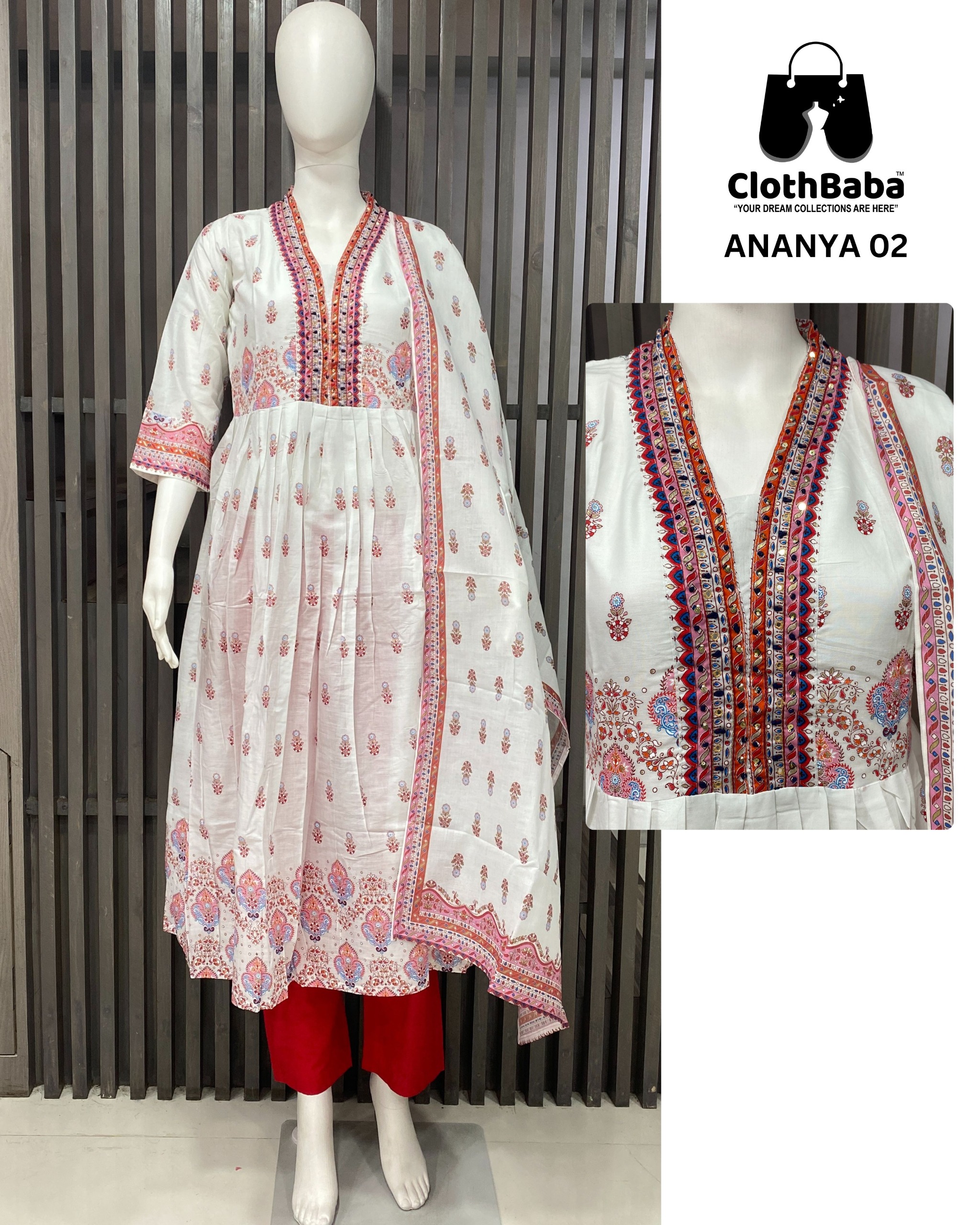 Readymade Mal Cotton Print Suit with Handwork & Cotton Print Dupatta