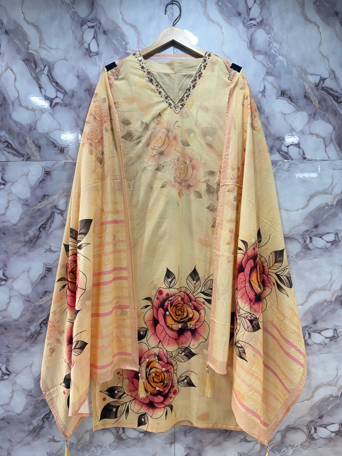 Designer Pure Cambric Cotton Printed Readymade Suit with Handwork