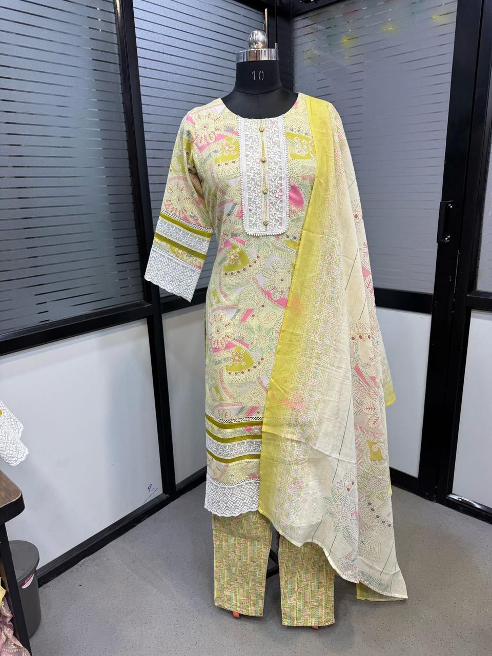 Mal Cotton Readymade Suit with Foil Print & Lace Work
