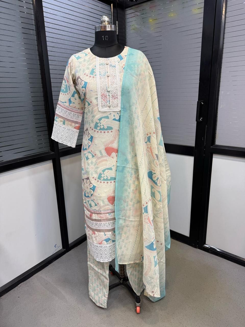 Mal Cotton Readymade Suit with Foil Print & Lace Work