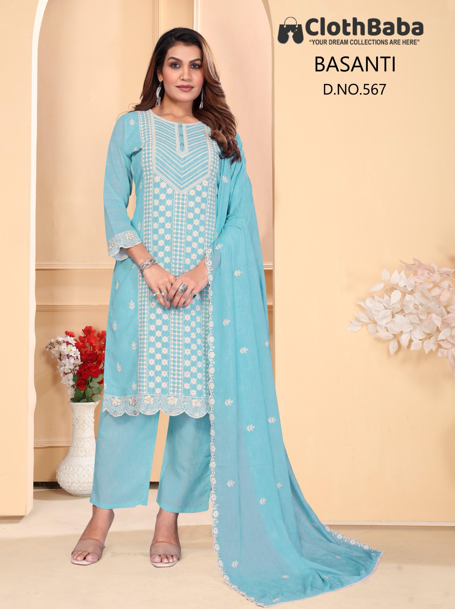  Blue Lakhnawi Work Cotton Suit with Digital Print Dupatta