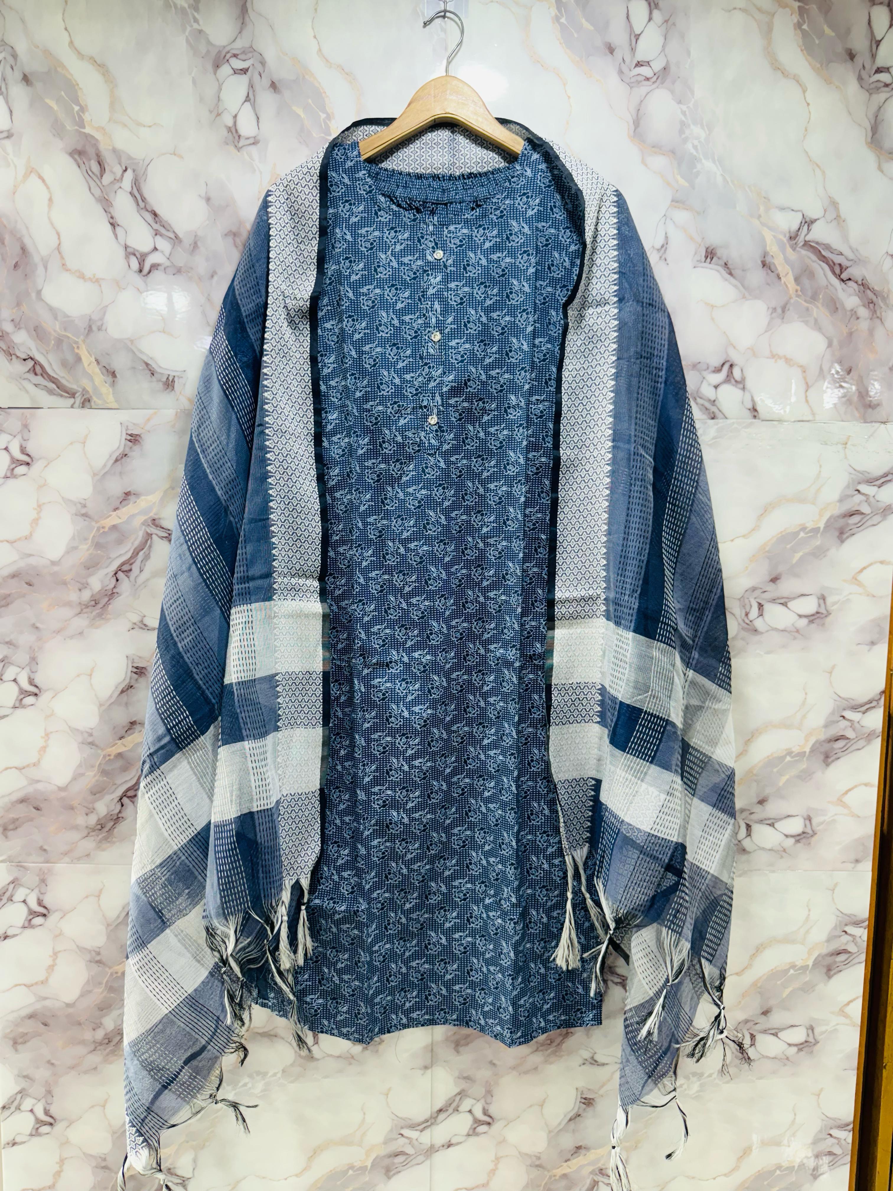 Cotton Weaving & Print Readymade Suit with Handloom Bottom