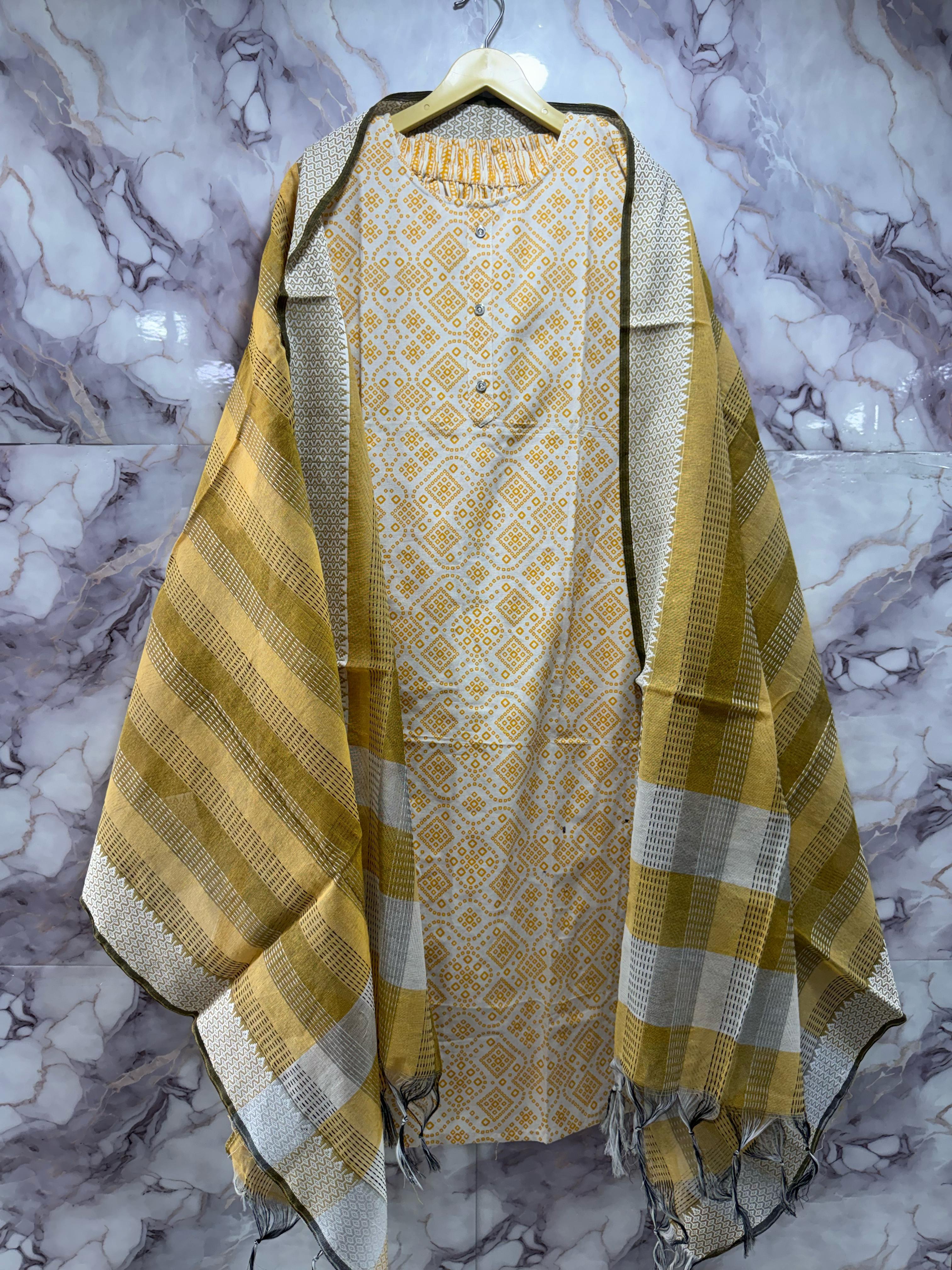 Cotton Weaving & Print Readymade Suit with Cotton Handloom Bottom 