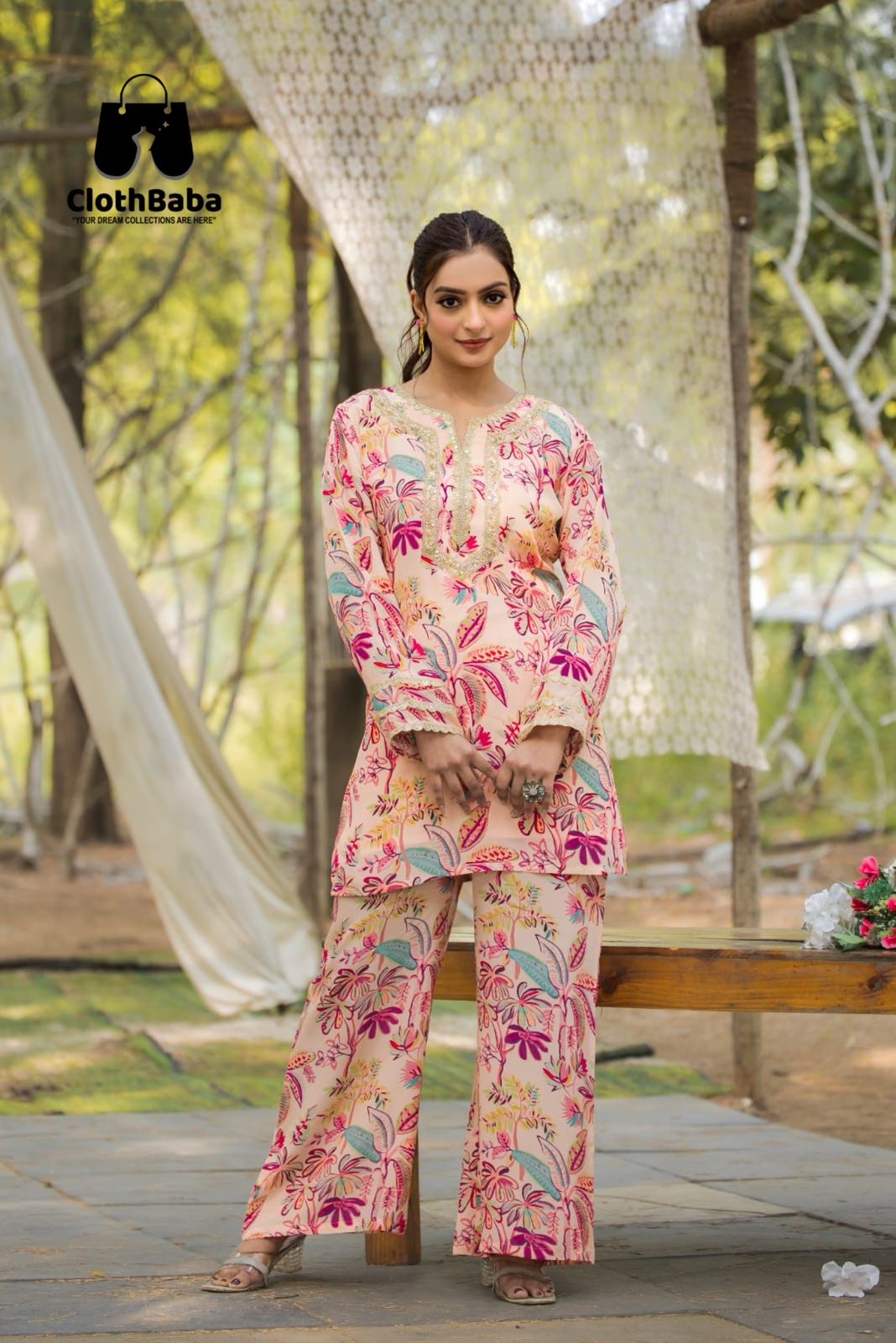 Pure Natural Crepe Digital Print Readymade Co-ord set with Fancy Handwork Lace