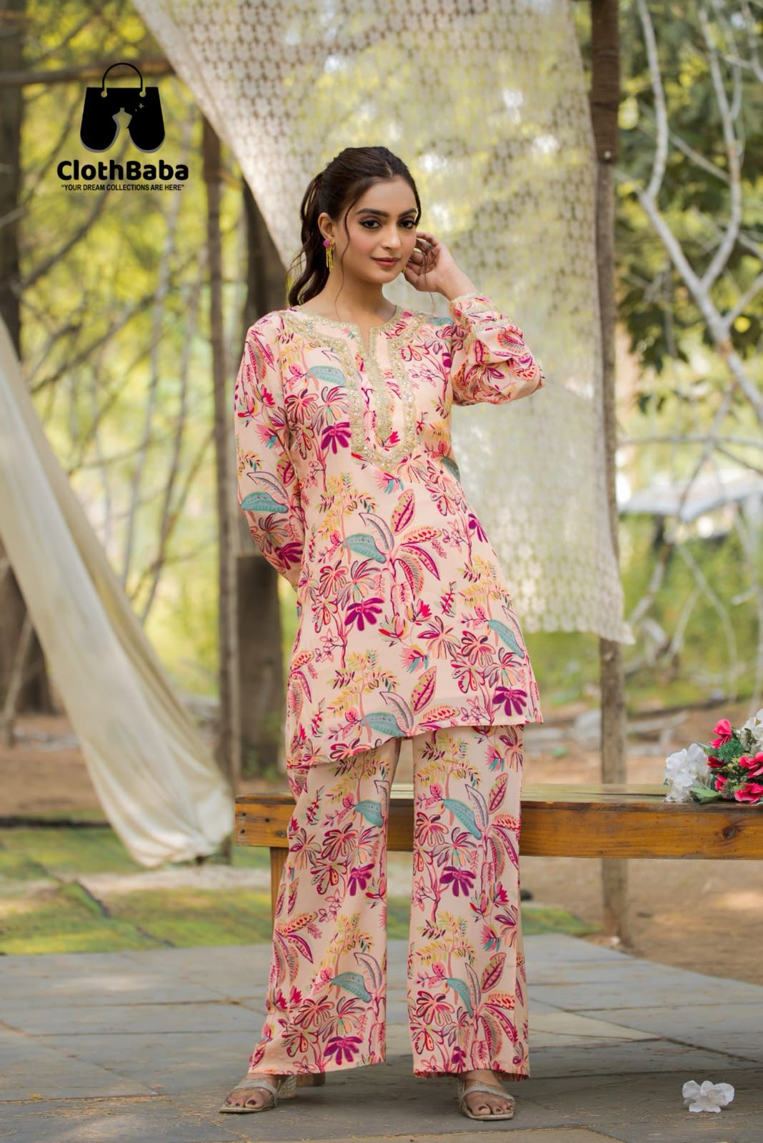 Pure Natural Crepe Digital Print Readymade Co-ord set with Fancy Handwork Lace