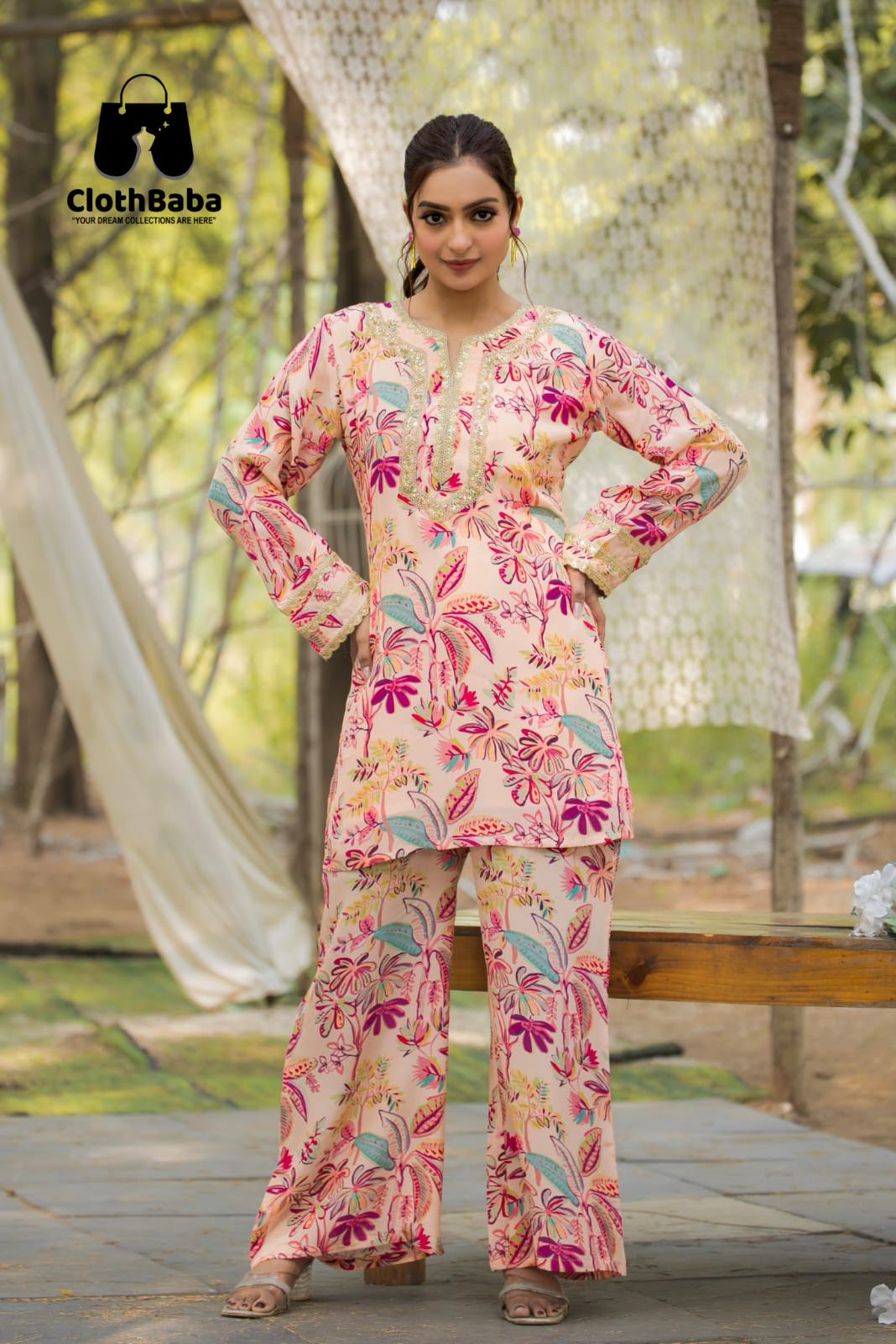 Pure Natural Crepe Digital Print Readymade Co-ord set with Fancy Handwork Lace