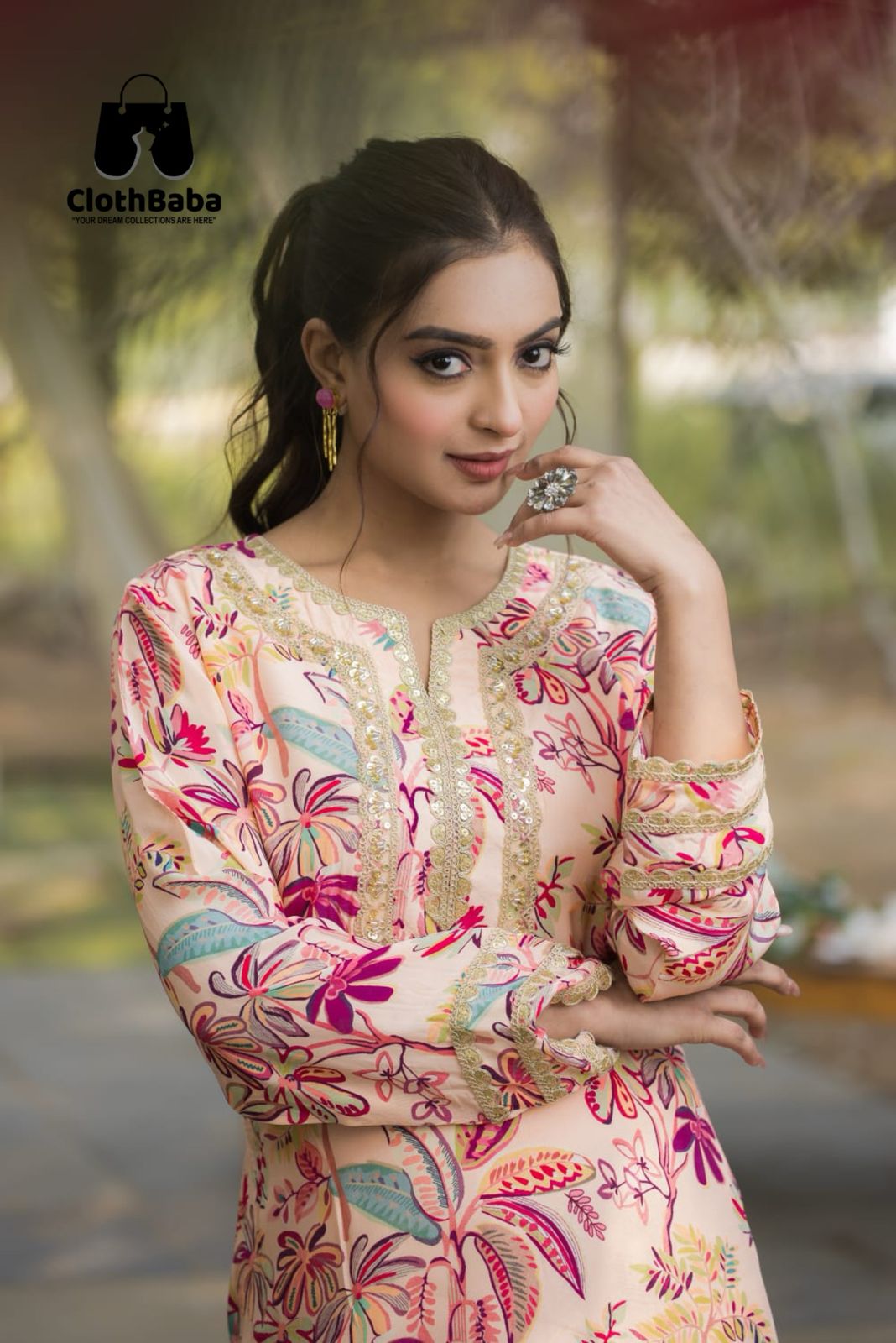 Pure Natural Crepe Digital Print Readymade Co-ord set with Fancy Handwork Lace