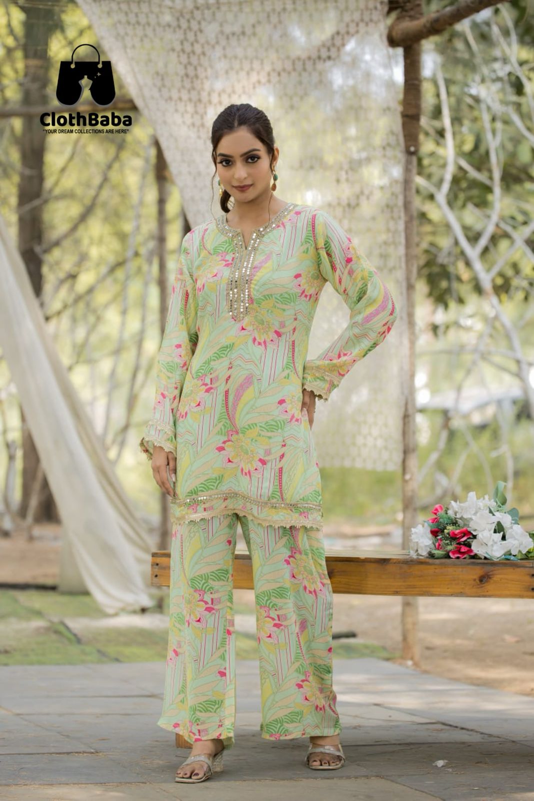 Stylish Digital Print Crepe Co-ord set with Fancy Handwork Lace