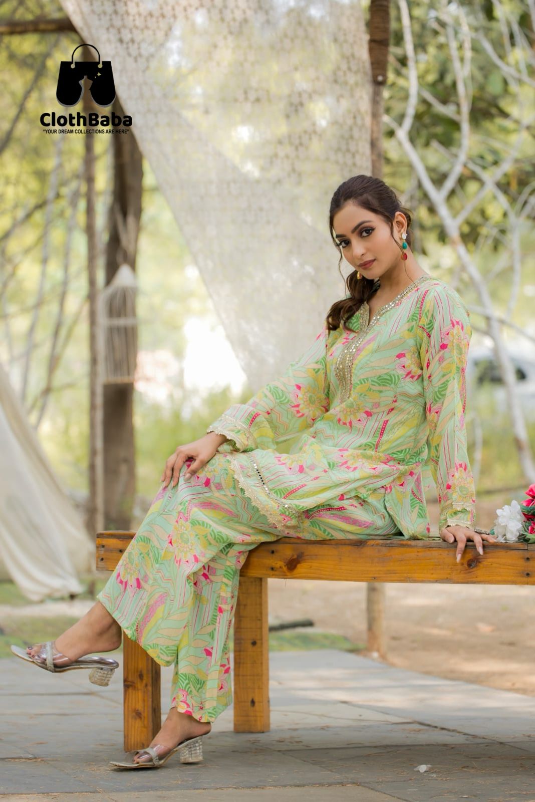 Stylish Digital Print Crepe Co-ord set with Fancy Handwork Lace 