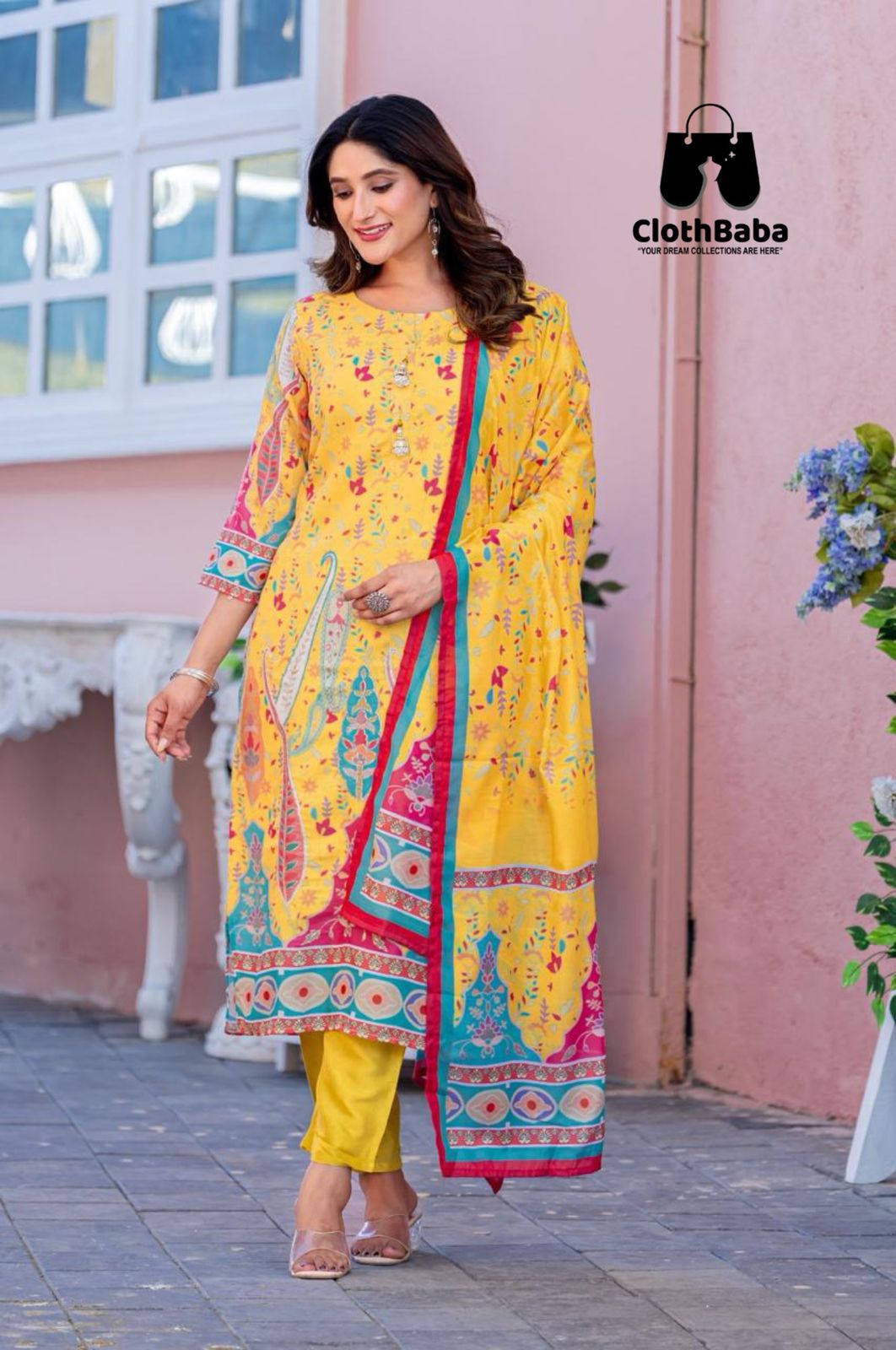 Readymade Linen Suit with Mal Cotton Print Dupatta
