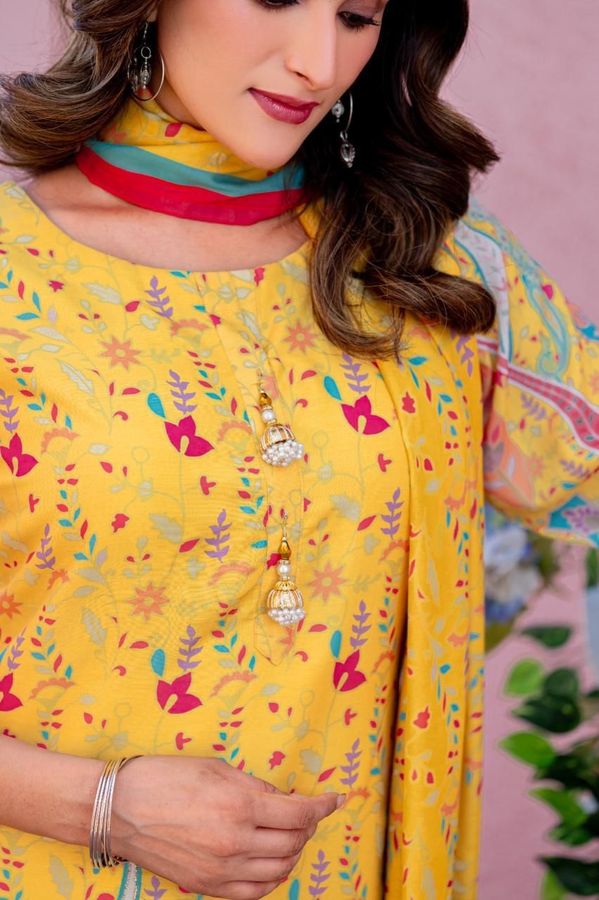 Readymade Linen Suit with Mal Cotton Print Dupatta