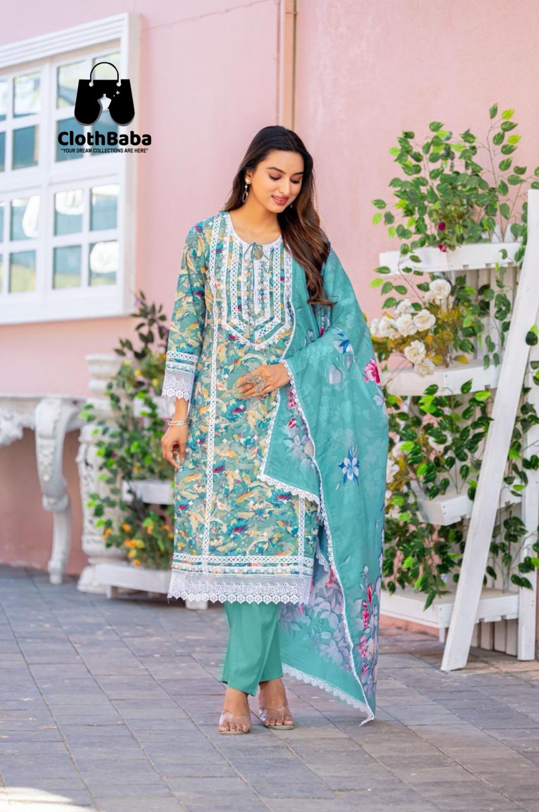 Elegant Cotton Print Readymade Suit with Lace Work
