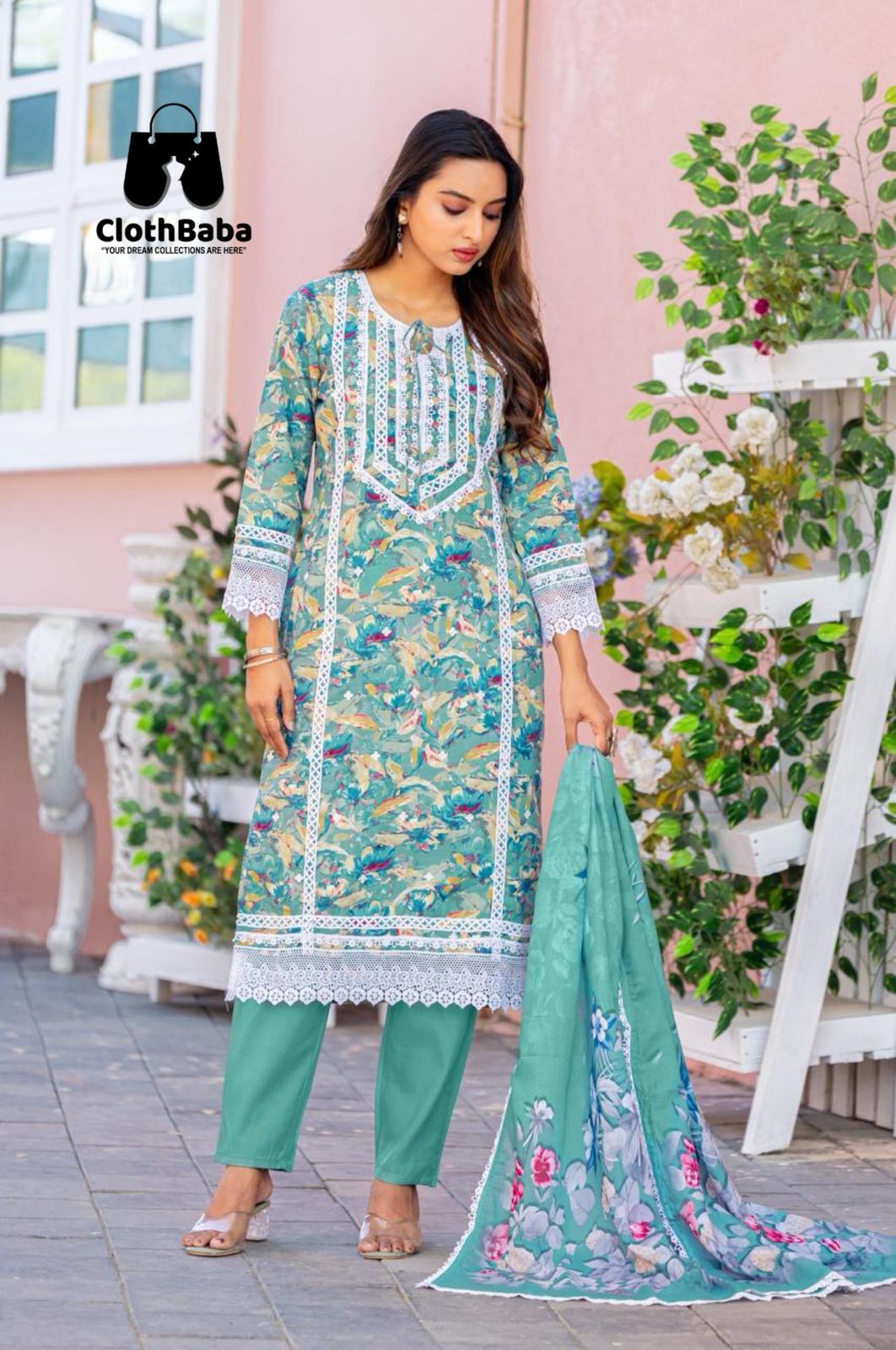 Elegant Cotton Print Readymade Suit with Lace Work
