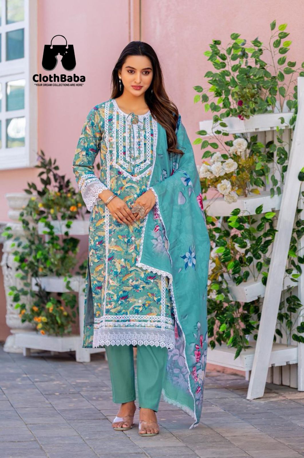 Elegant Cotton Print Readymade Suit with Lace Work
