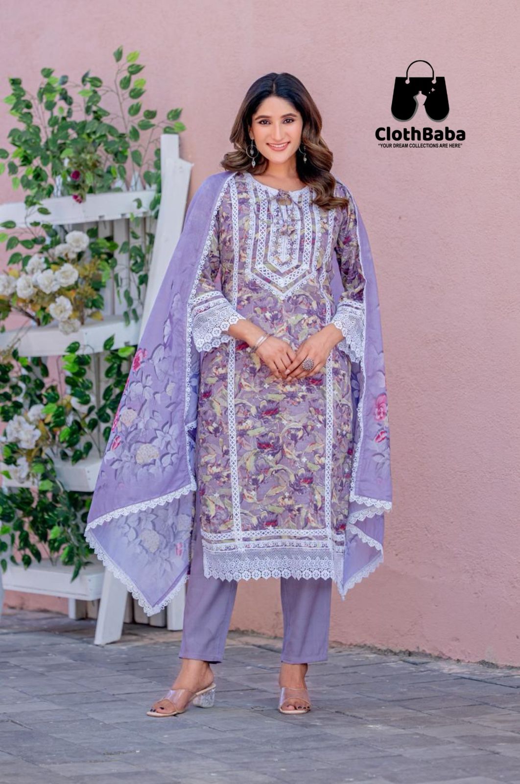 Cotton Print Readymade Suit with Lace Work