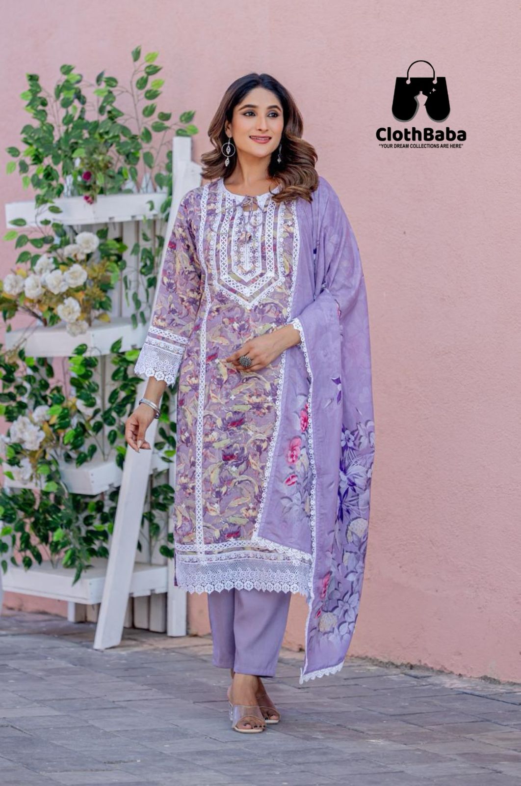 Cotton Print Readymade Suit with Lace Work