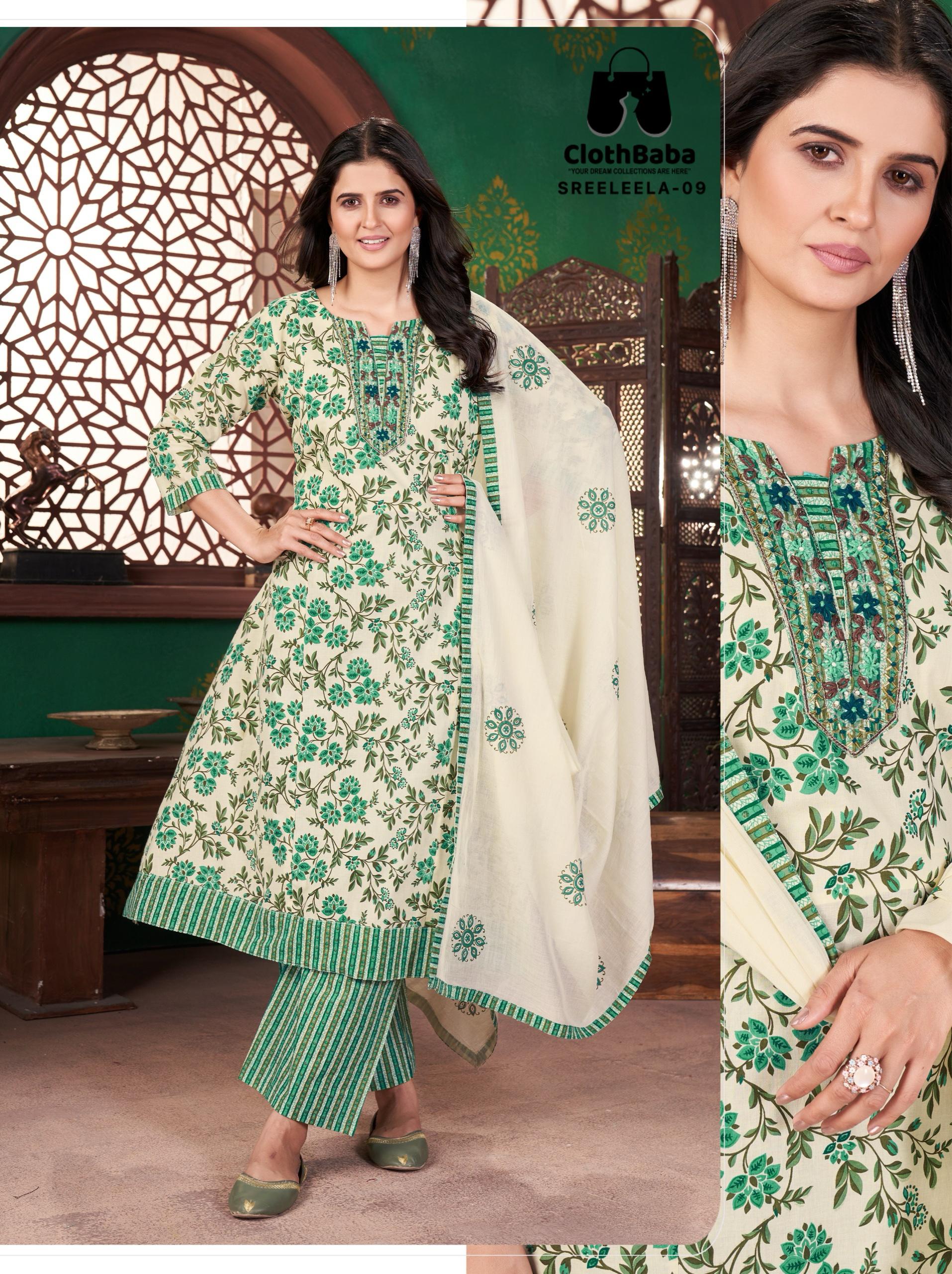Clothbaba Ladies Cotton Print Readymade Suit with Hand Work