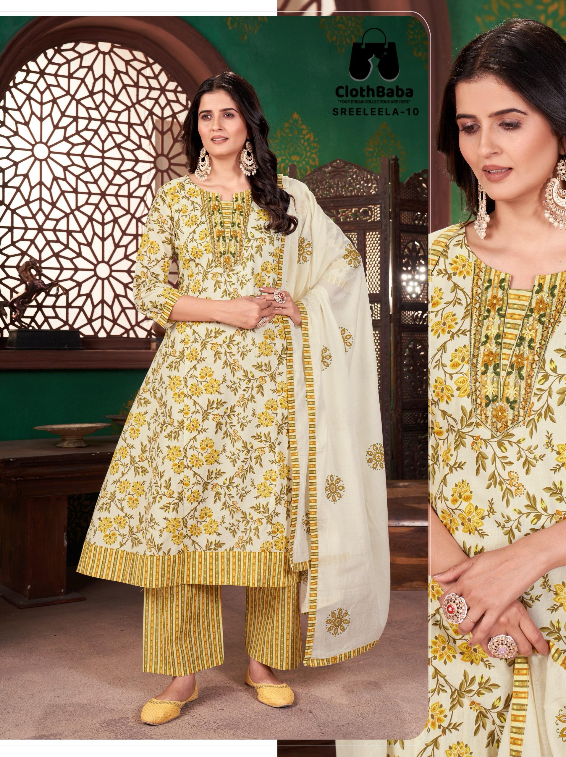 Clothbaba Ladies Cotton Print Readymade Suit with Hand Work