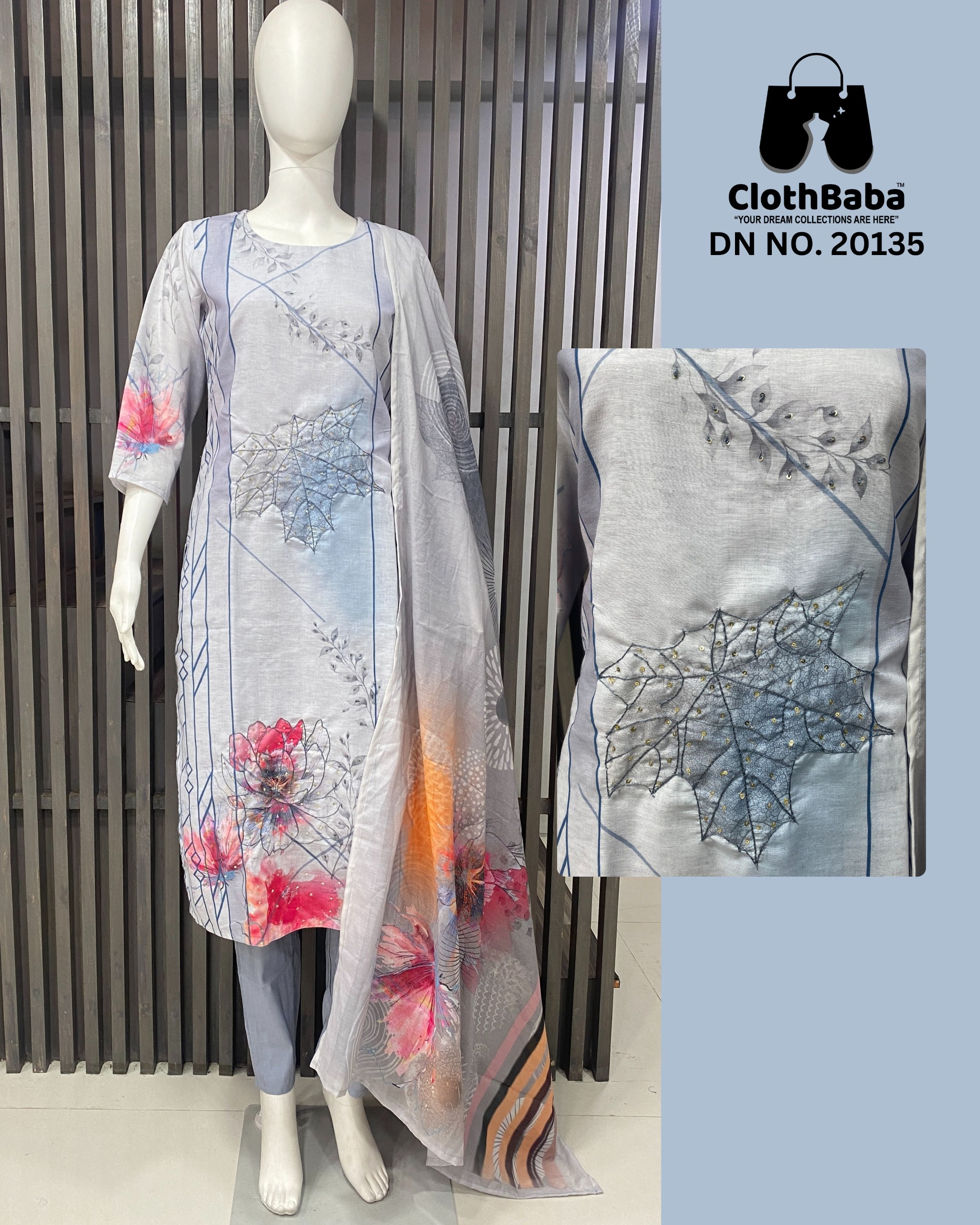 Linen Readymade Suit with Hand Work & Mal Cotton Dupatta