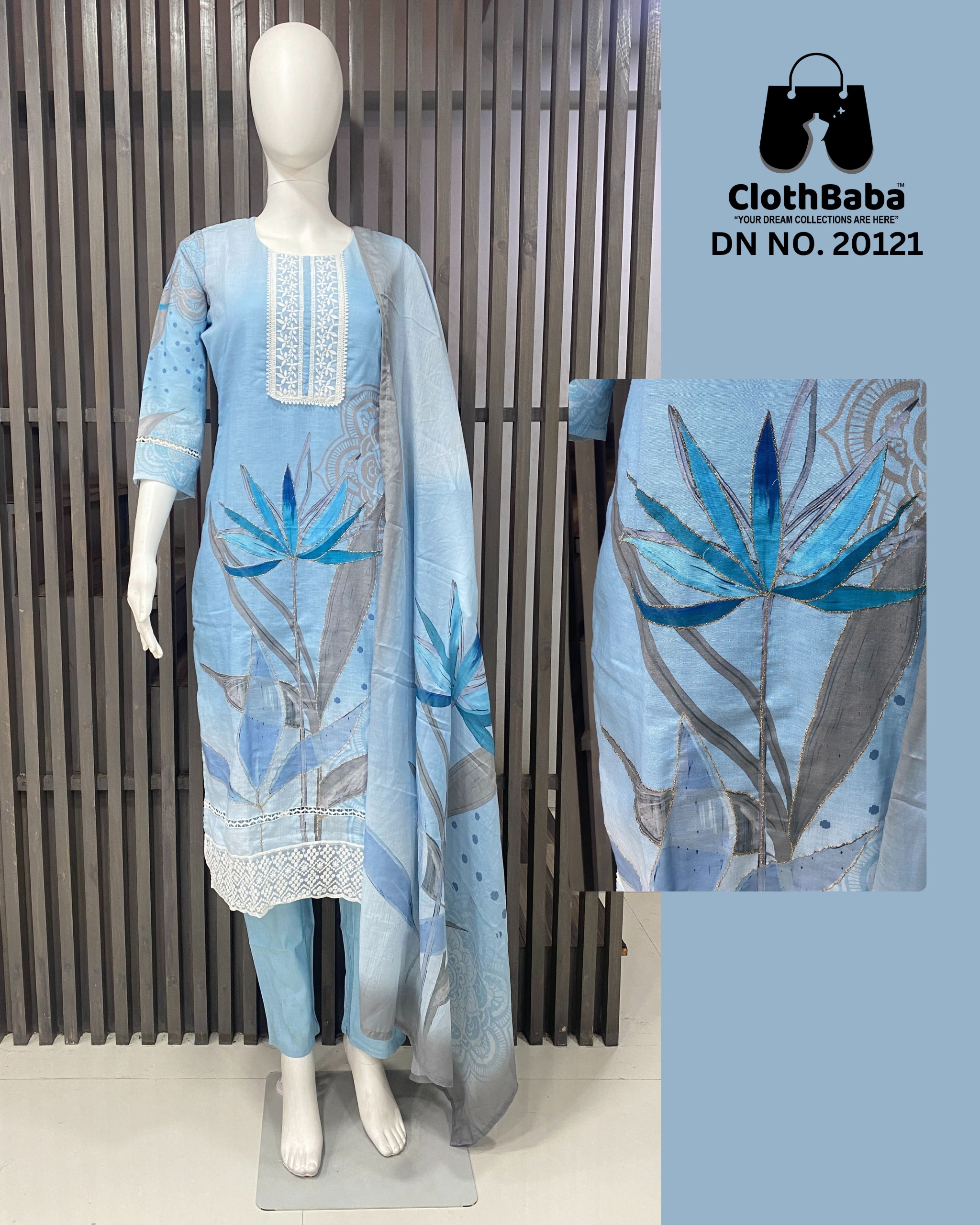 Linen Readymade Suit with Lace & Zari Work