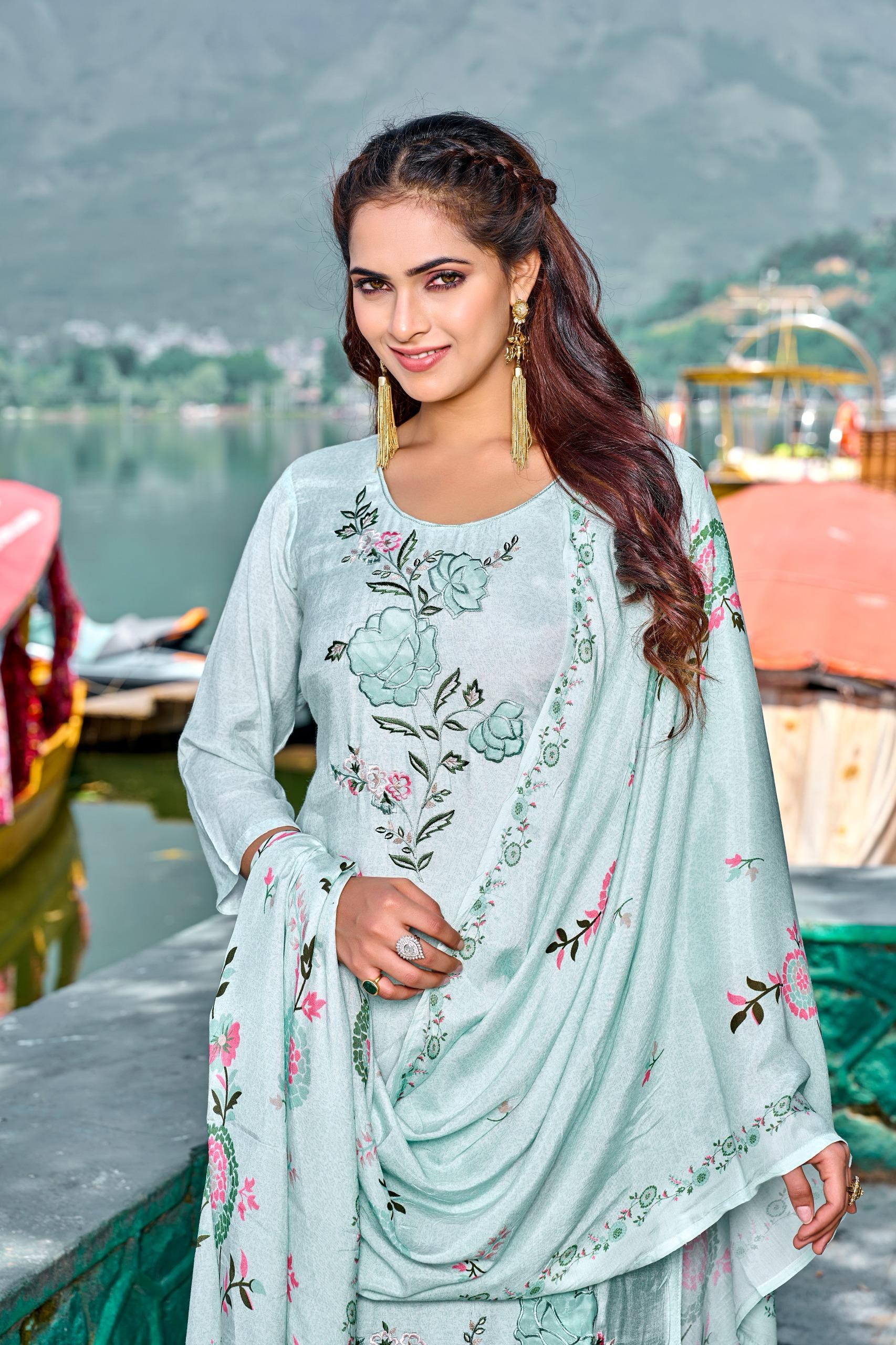 Elegant Pure Muslin Printed Readymade Suit with Appliqué & Handwor