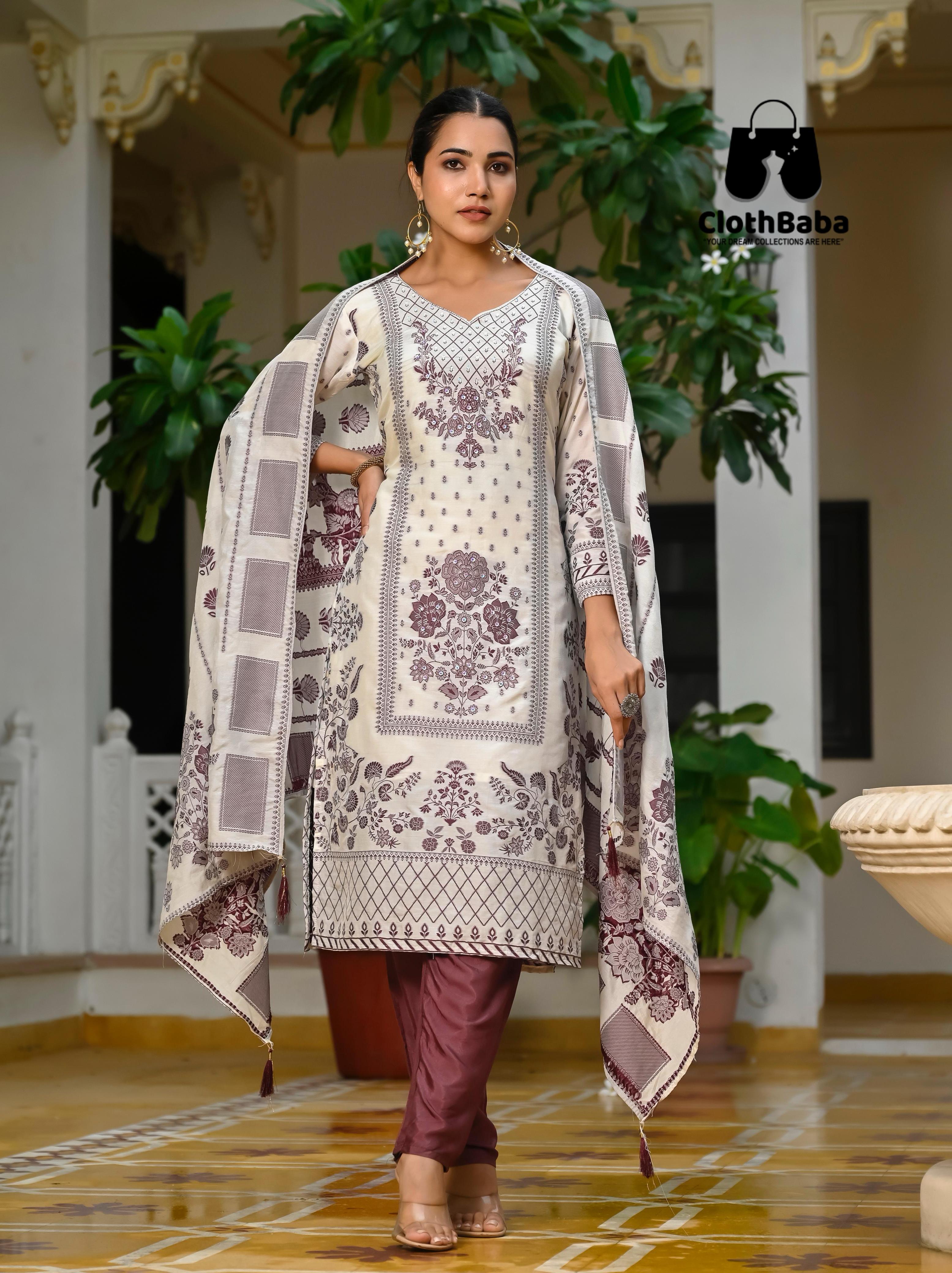 Viscose Muslin Jacquard Readymade Suit with Handwork