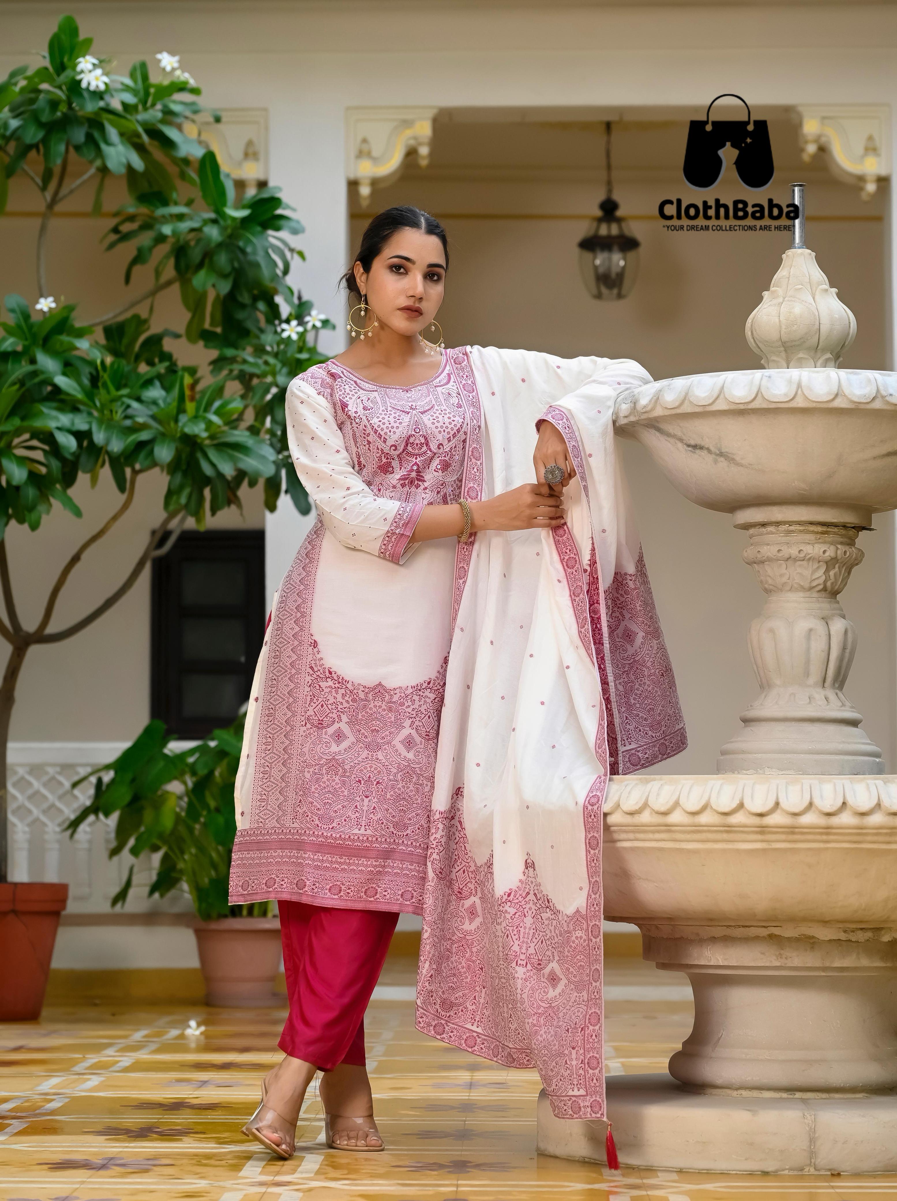 Elegant Viscose Muslin Jacquard Readymade Suit with Handwork 