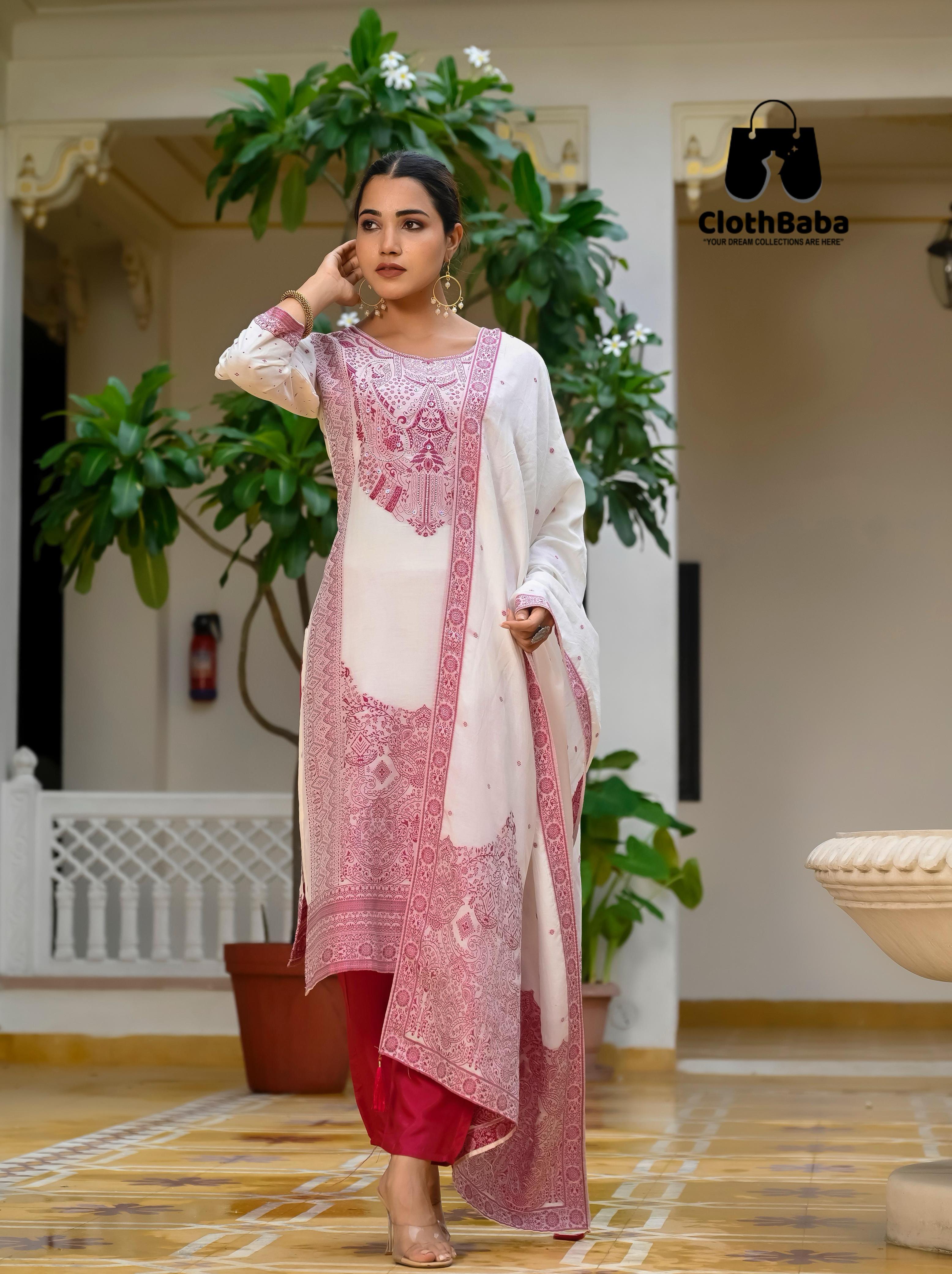 Elegant Viscose Muslin Jacquard Readymade Suit with Handwork