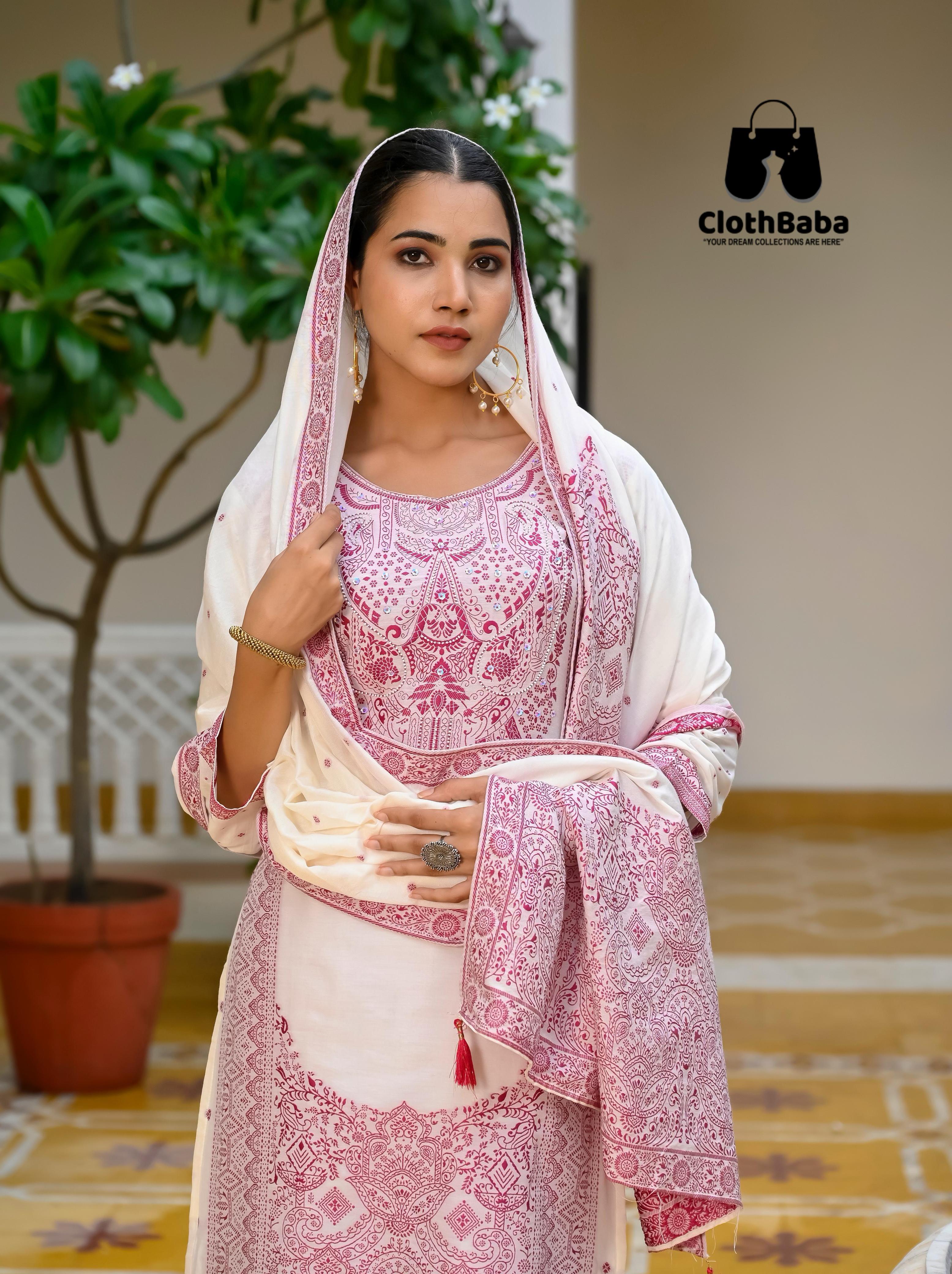 Elegant Viscose Muslin Jacquard Readymade Suit with Handwork 
