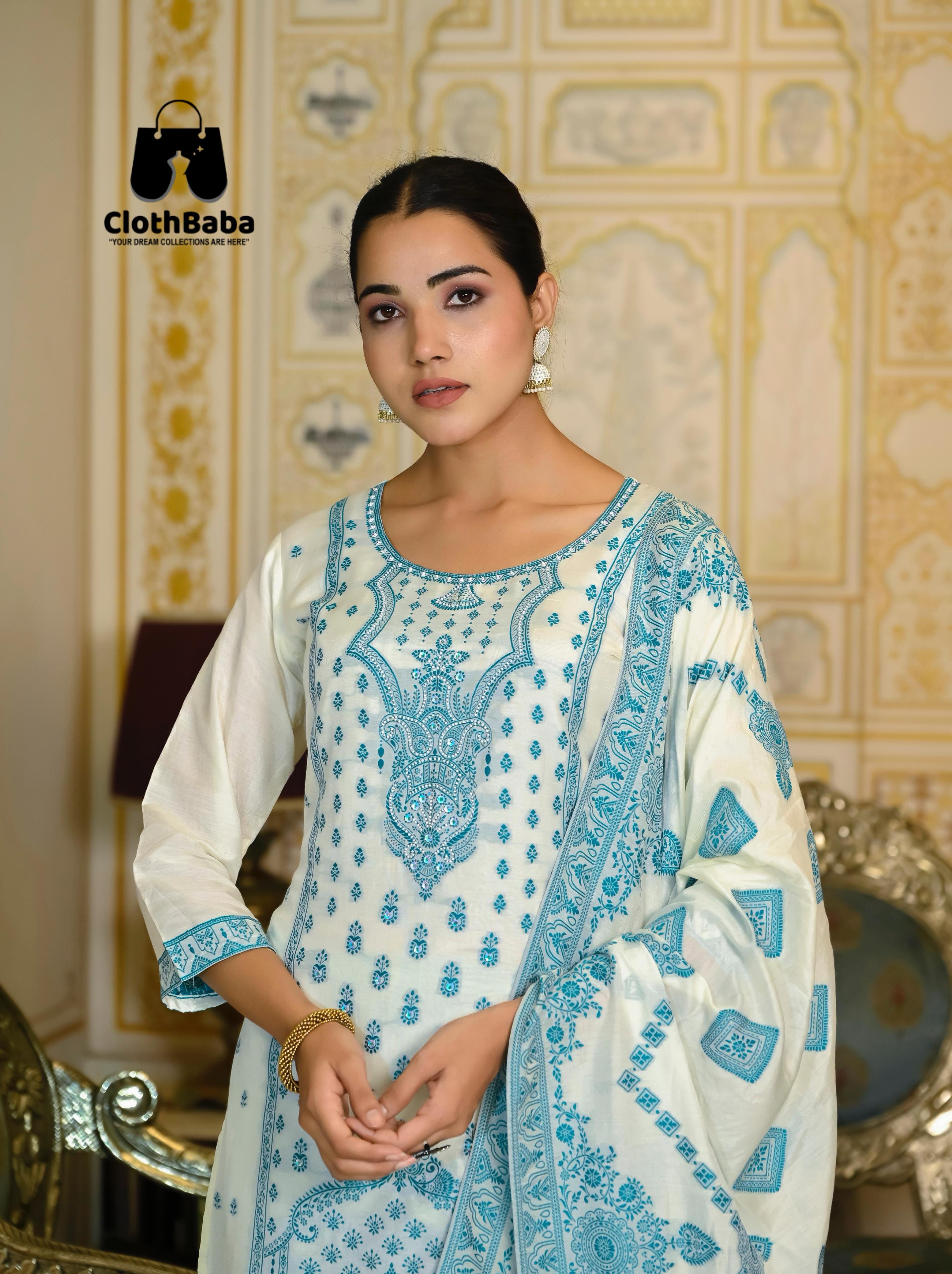 Designer Viscose Muslin Jacquard Suit with Handwork 